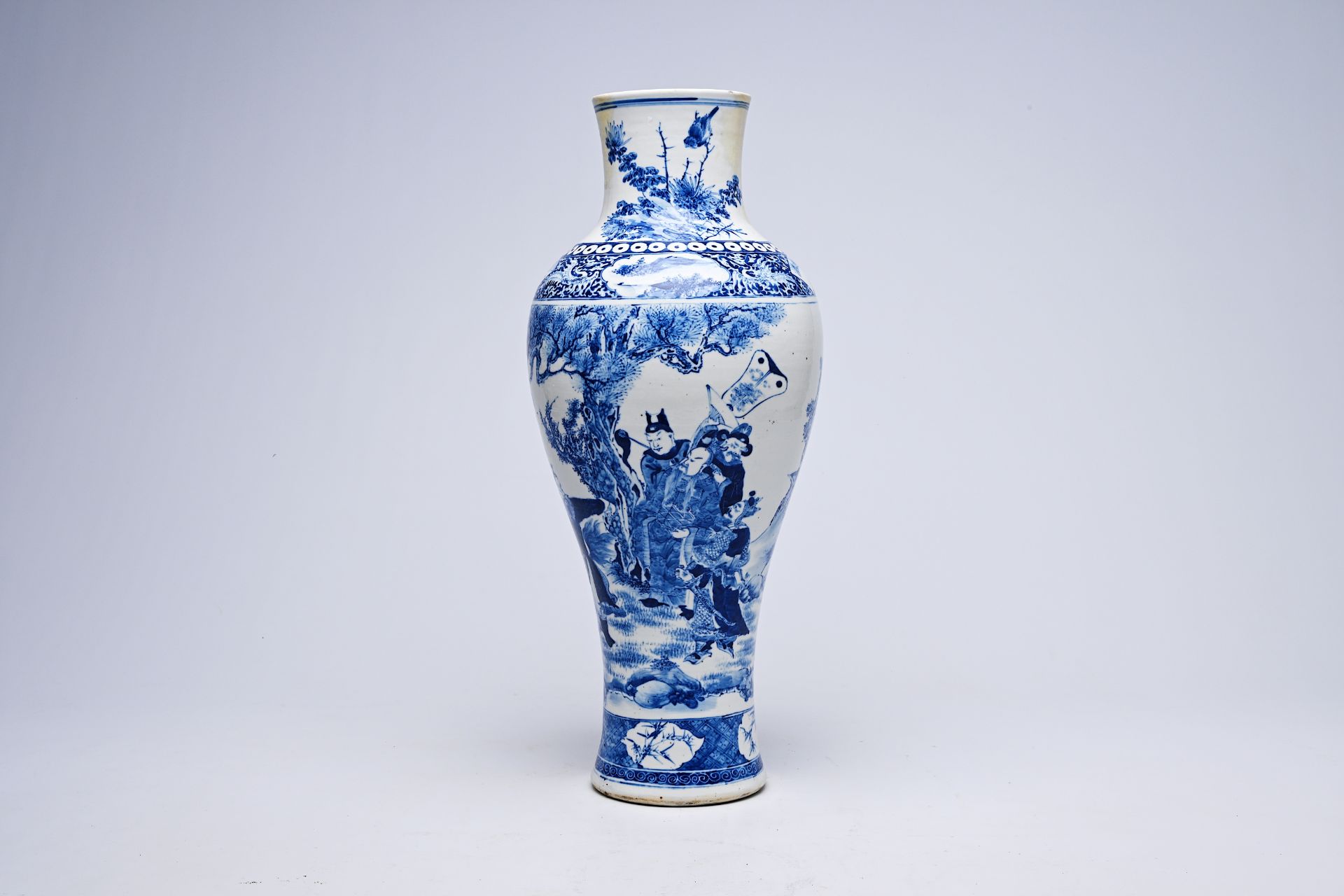 A Chinese blue and white vase with Zhong Kui before an emperor, Xuande mark, 19th C.