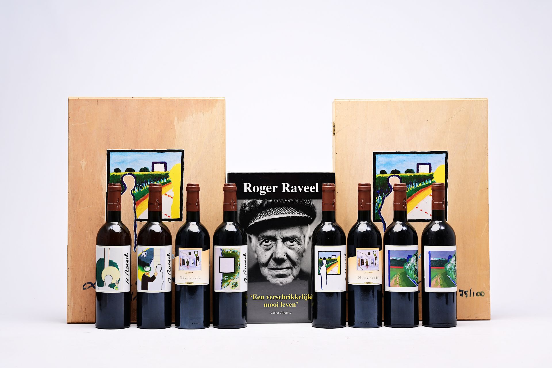 Roger Raveel (1921-2013): Two boxes of wine (eight bottles), ed. 43/100 and 75/100, and a publicatio