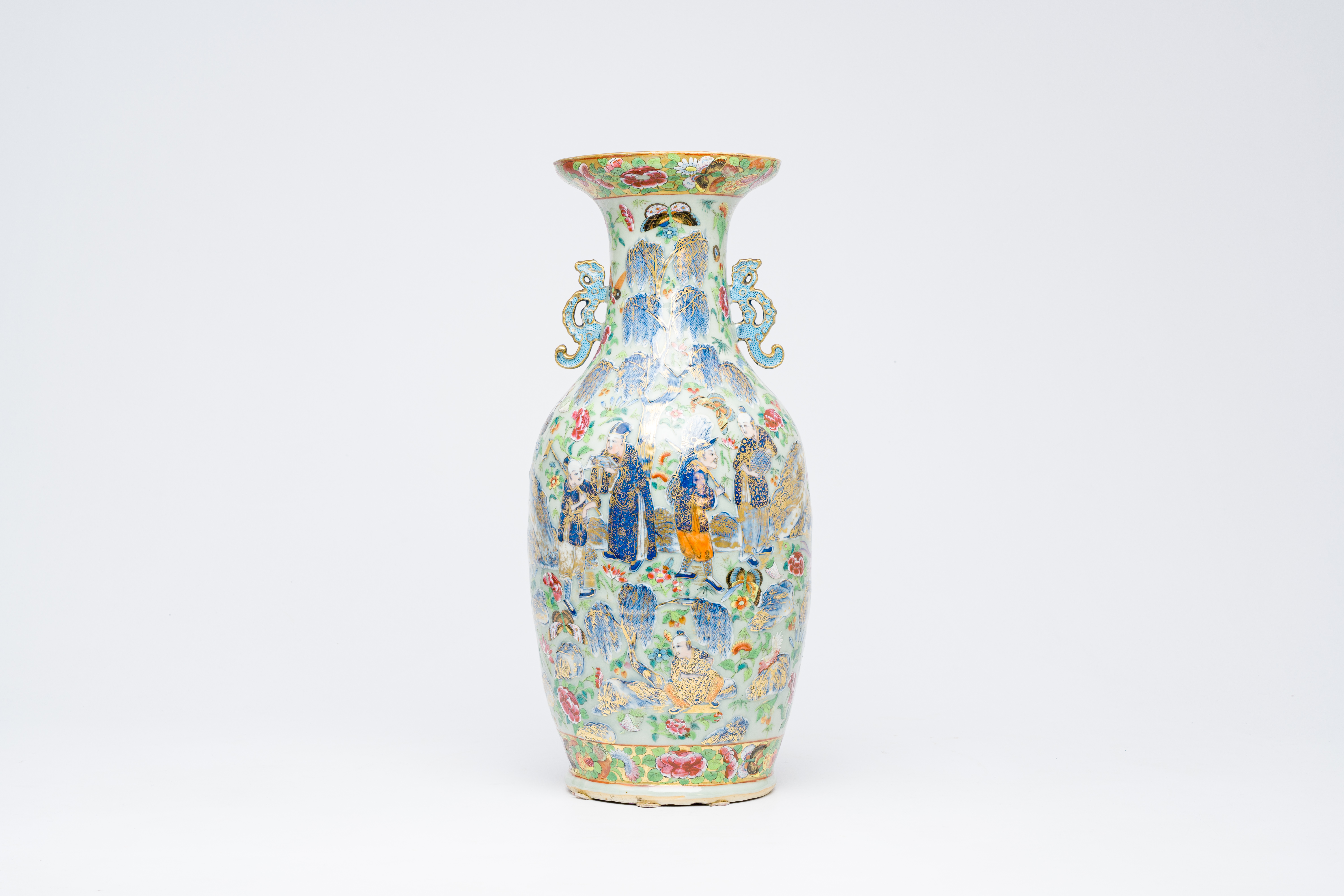A Chinese Canton famille rose celadon ground vase with animals and figures among flowering branches, - Image 3 of 6