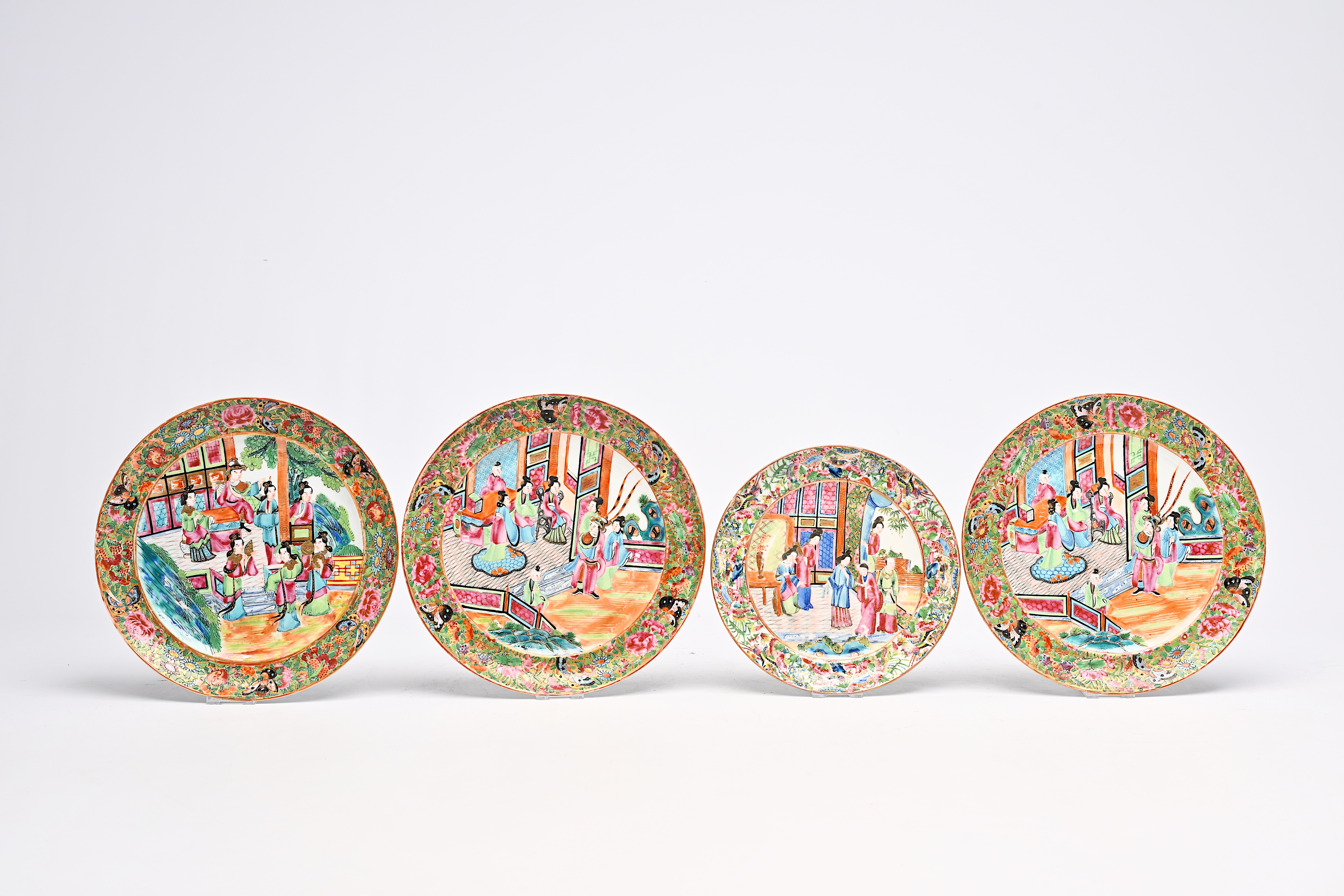 Five Chinese Canton famille rose plates and a jar and cover with palace scenes and floral design, 19 - Image 2 of 8
