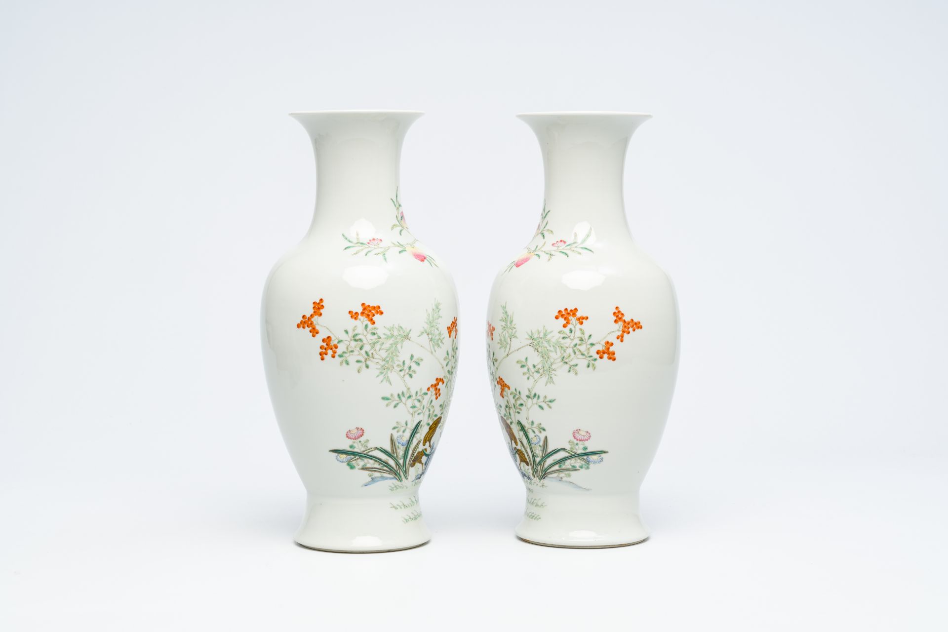 A pair of Chinese famille rose vases with floral design, Guangxu mark, Republic, 20th C. - Image 7 of 12
