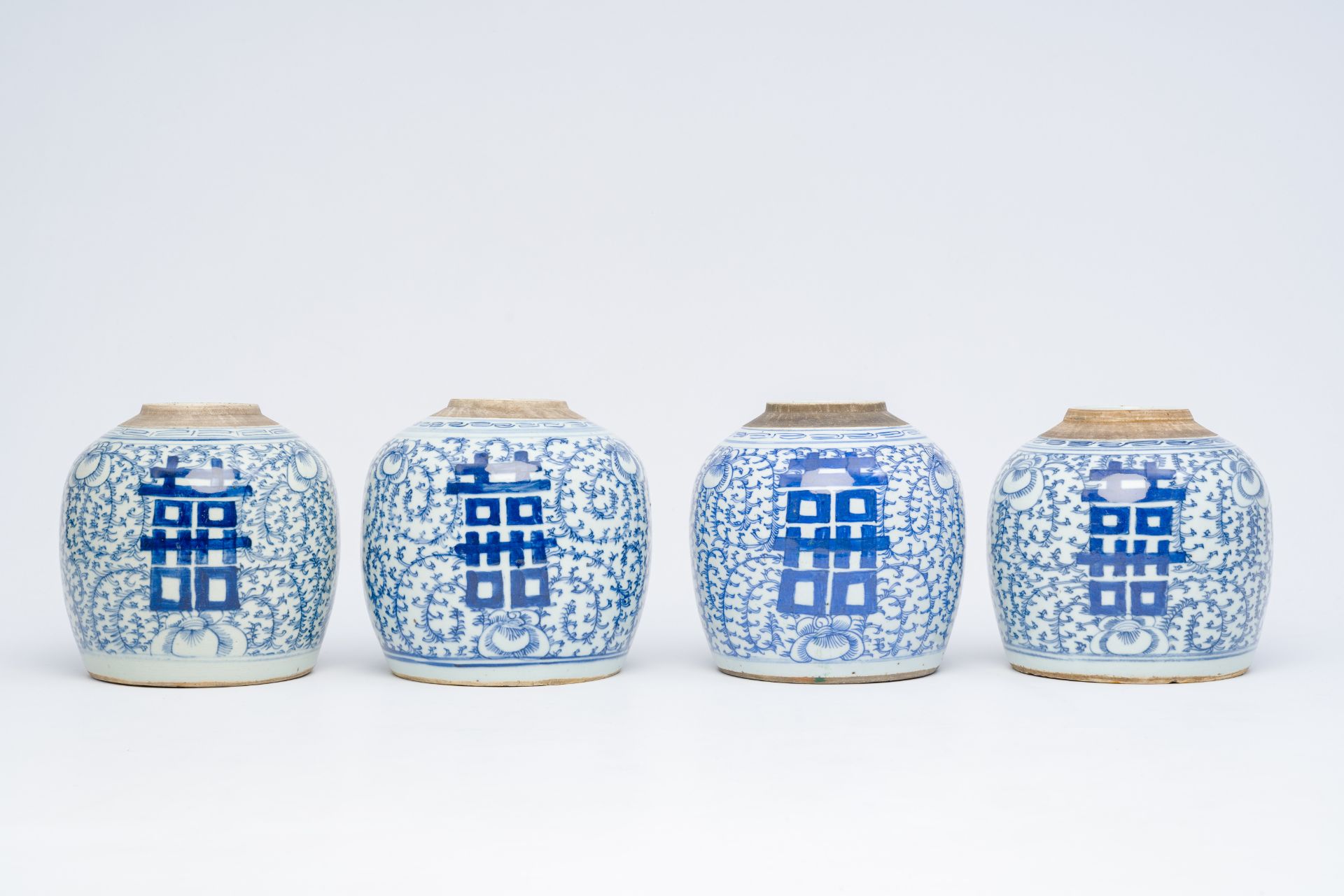 Eight Chinese blue and white ginger jars with 'Xi' and floral design, 19th/20th C. - Image 4 of 28