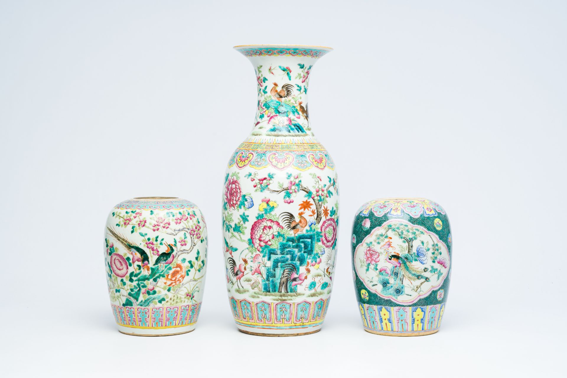 A Chinese famille rose vase and two ginger jars with birds among blossoming branches, 19th C. - Image 2 of 12