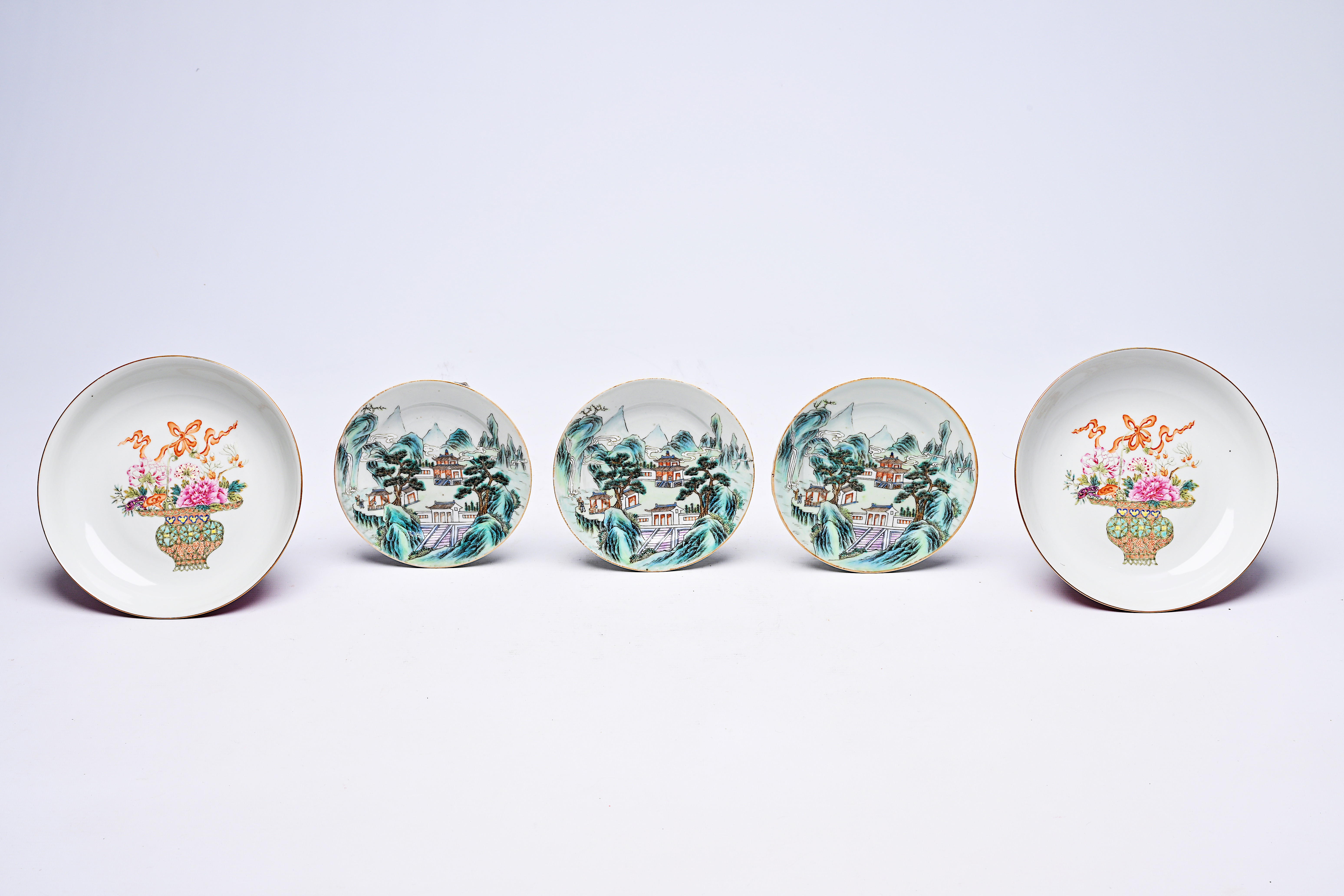 Five Chinese famille rose and qianjiang cai plates with flower baskets and animated landscapes, 20th - Image 2 of 6