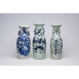 Three various Chinese blue and white celadon ground vases, 19th/20th C.