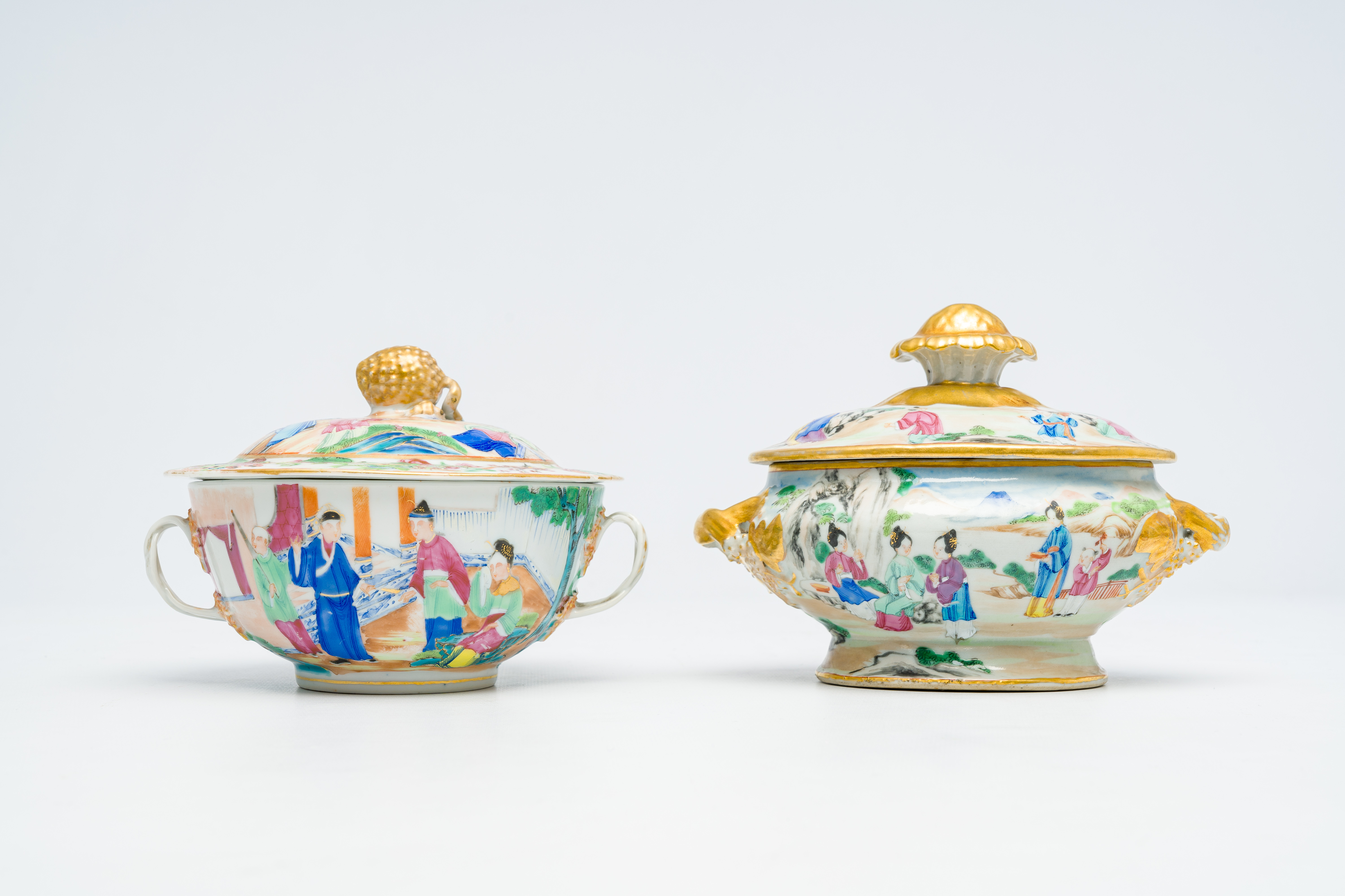 A Chinese Canton famille rose bowl and cover with palace scenes and a tureen and cover with playing - Image 2 of 7