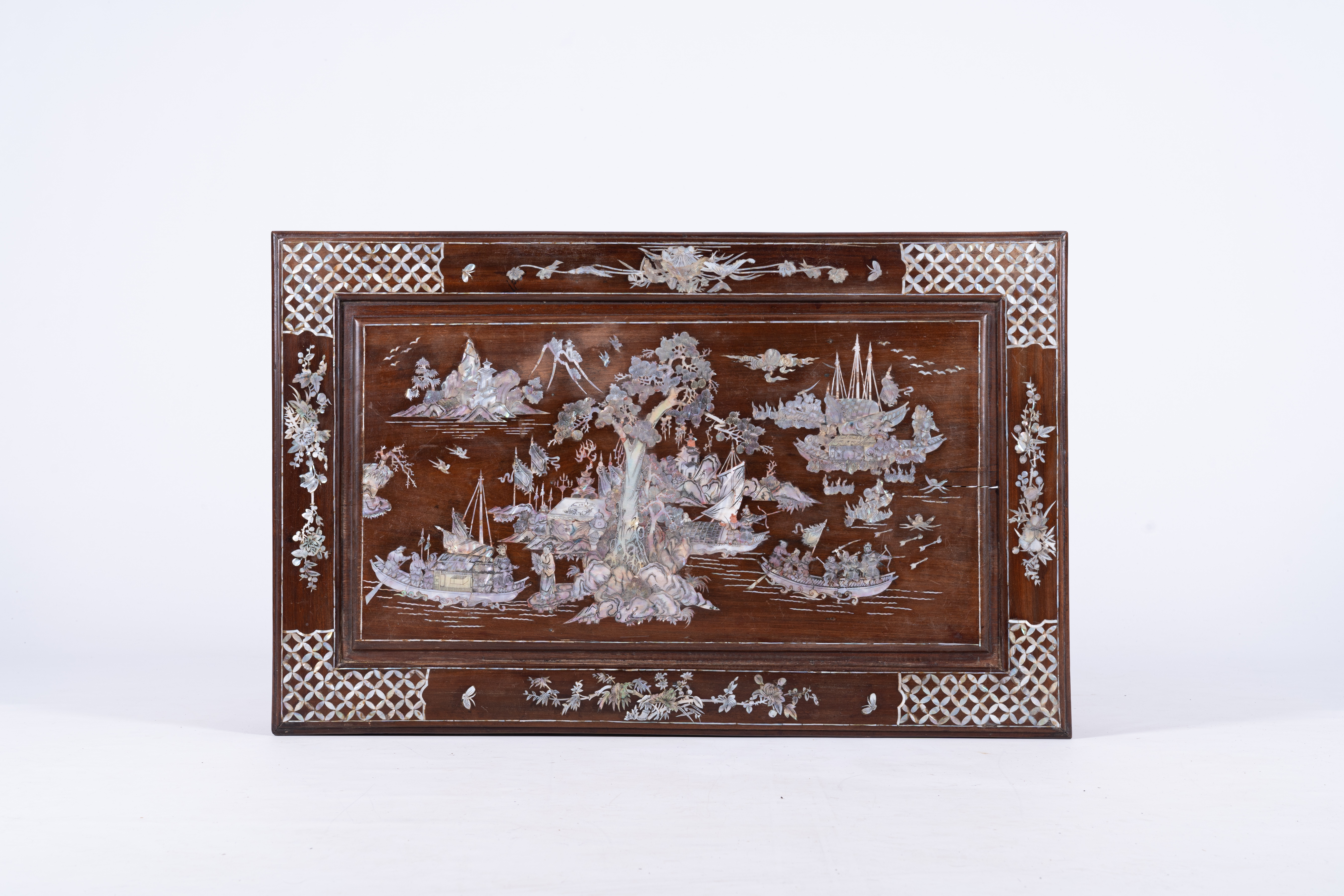 Two Chinese or Vietnamese wood side tables inlaid with mother-of-pearl with animated landscapes, 20t - Image 9 of 15