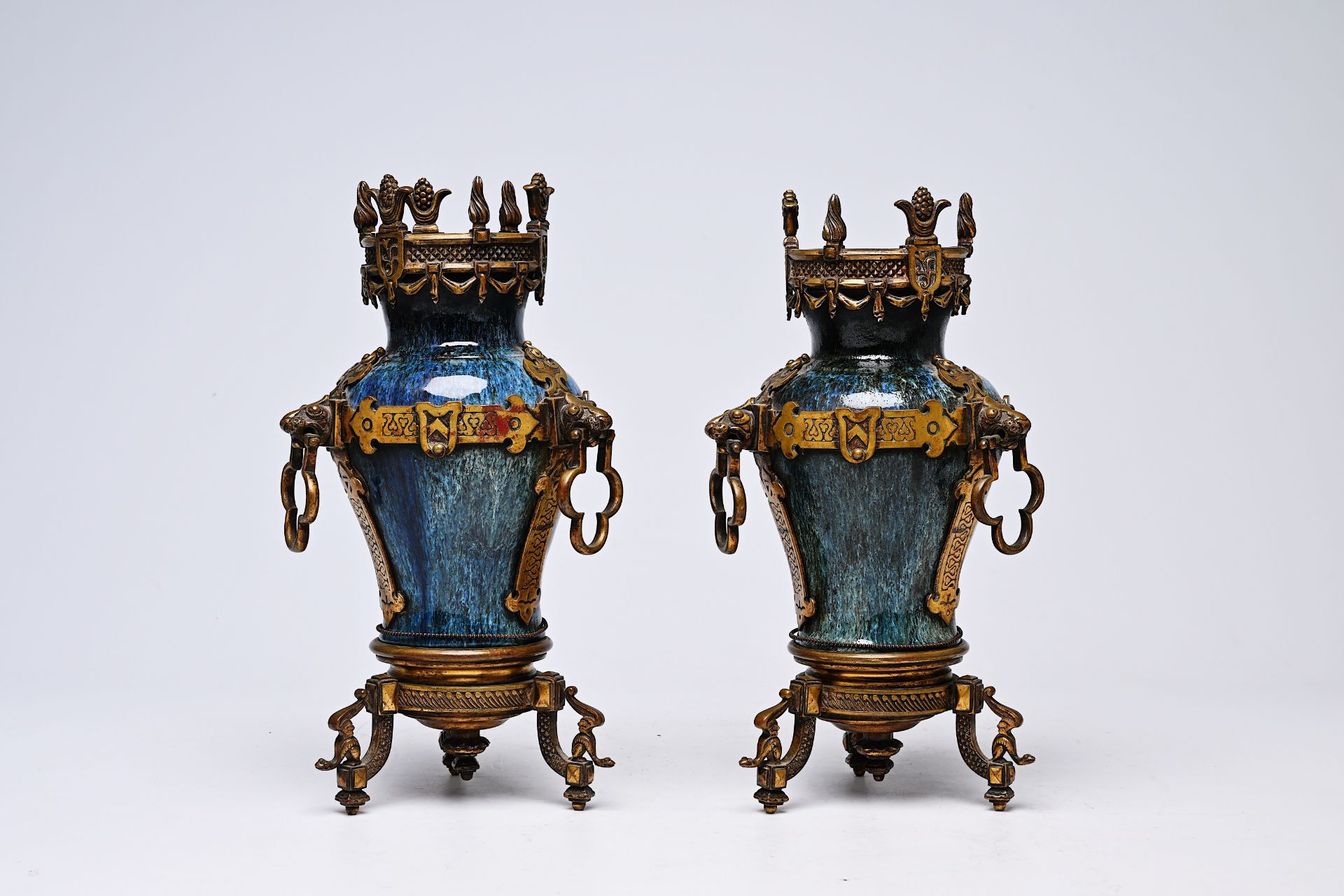 A pair of Chinese flambe glazed vases with gilt bronze mounts, 19th C. - Image 5 of 16