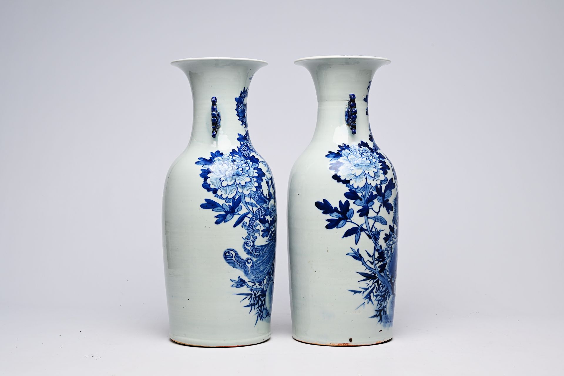 A pair of Chinese blue and white celadon ground vases with a dragon and a phoenix among blossoming b - Bild 7 aus 28