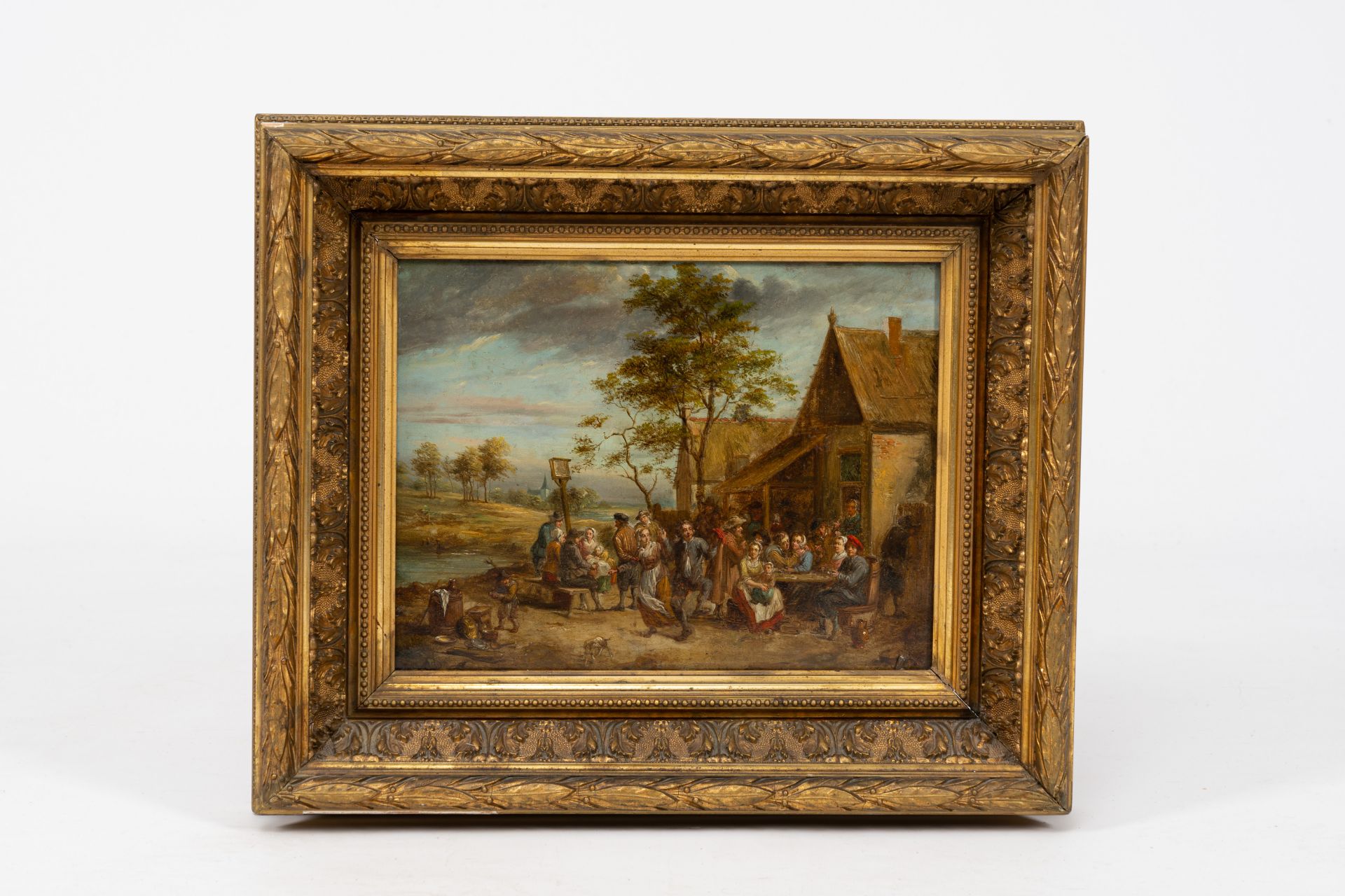 Monogrammed J.D. (?), follower of David Teniers II (1610-1690): Peasants making merry at an inn, oil - Image 2 of 3