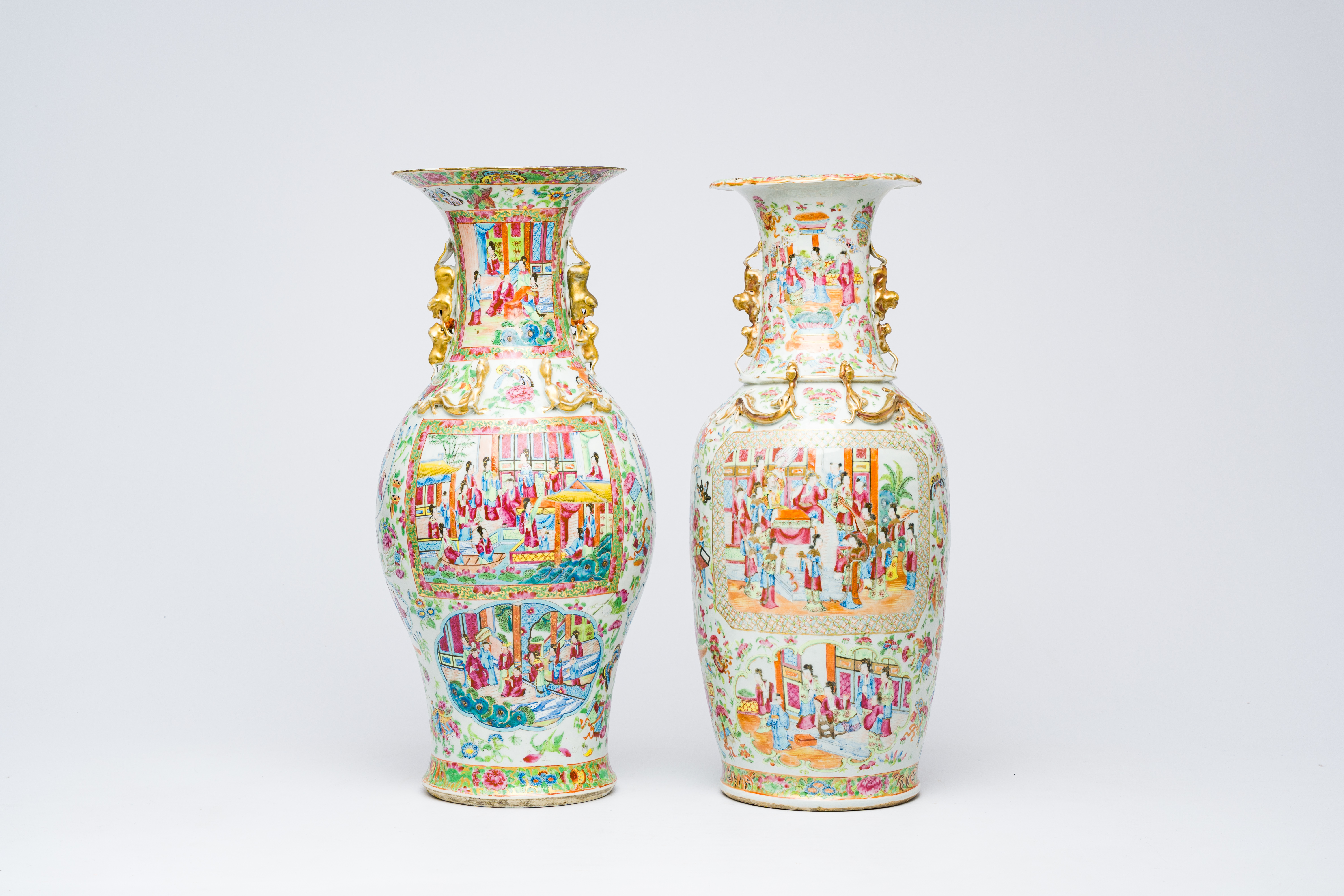 Two Chinese Canton famille rose vases with palace scenes and floral design, 19th C. - Image 2 of 9