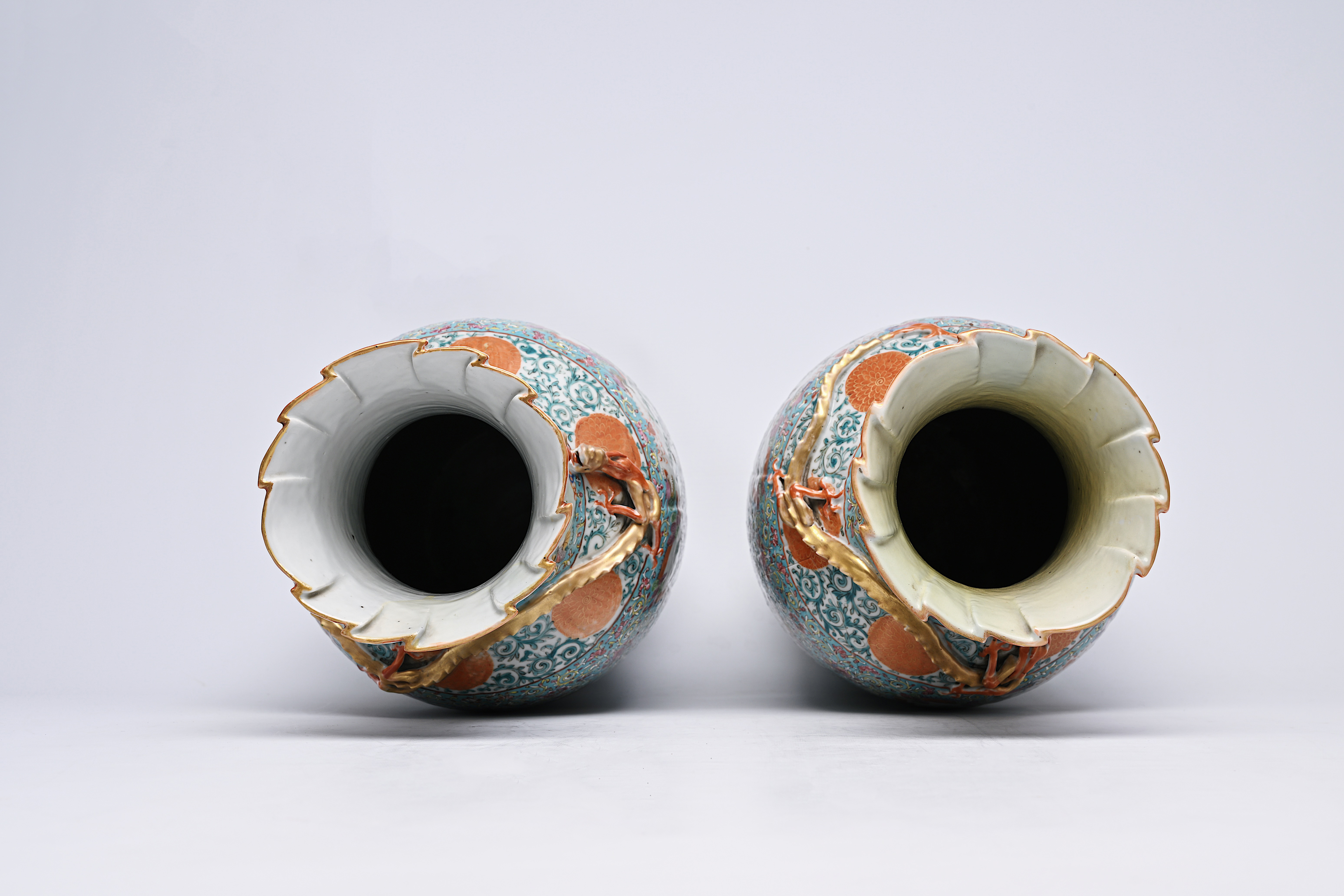 A pair of Chinese Canton famille rose turquoise ground vases with birds among blossoming branches, 1 - Image 6 of 8