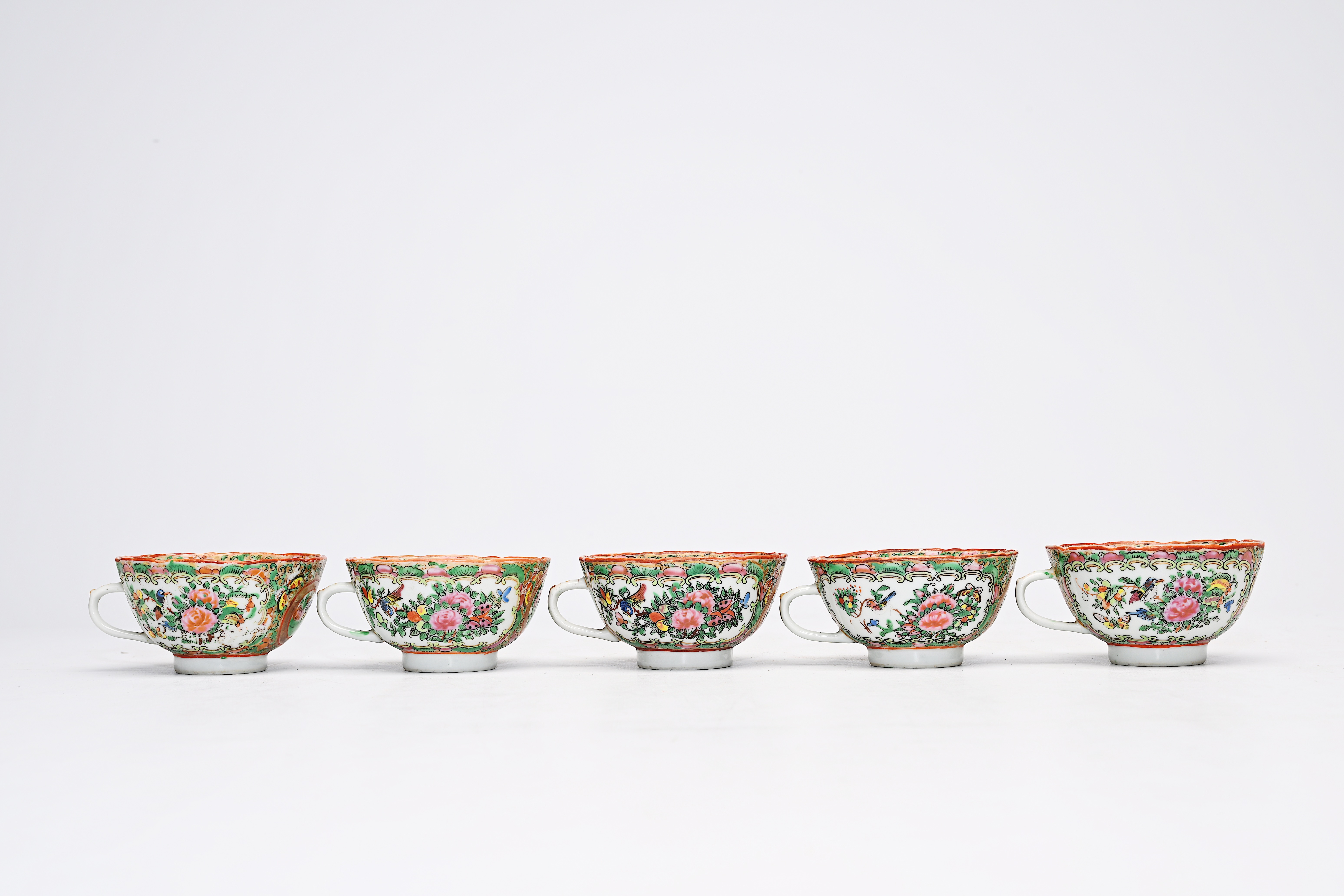 A Chinese Canton famille rose seventeen-part tea set and a bowl with palace scenes and floral design - Image 8 of 20