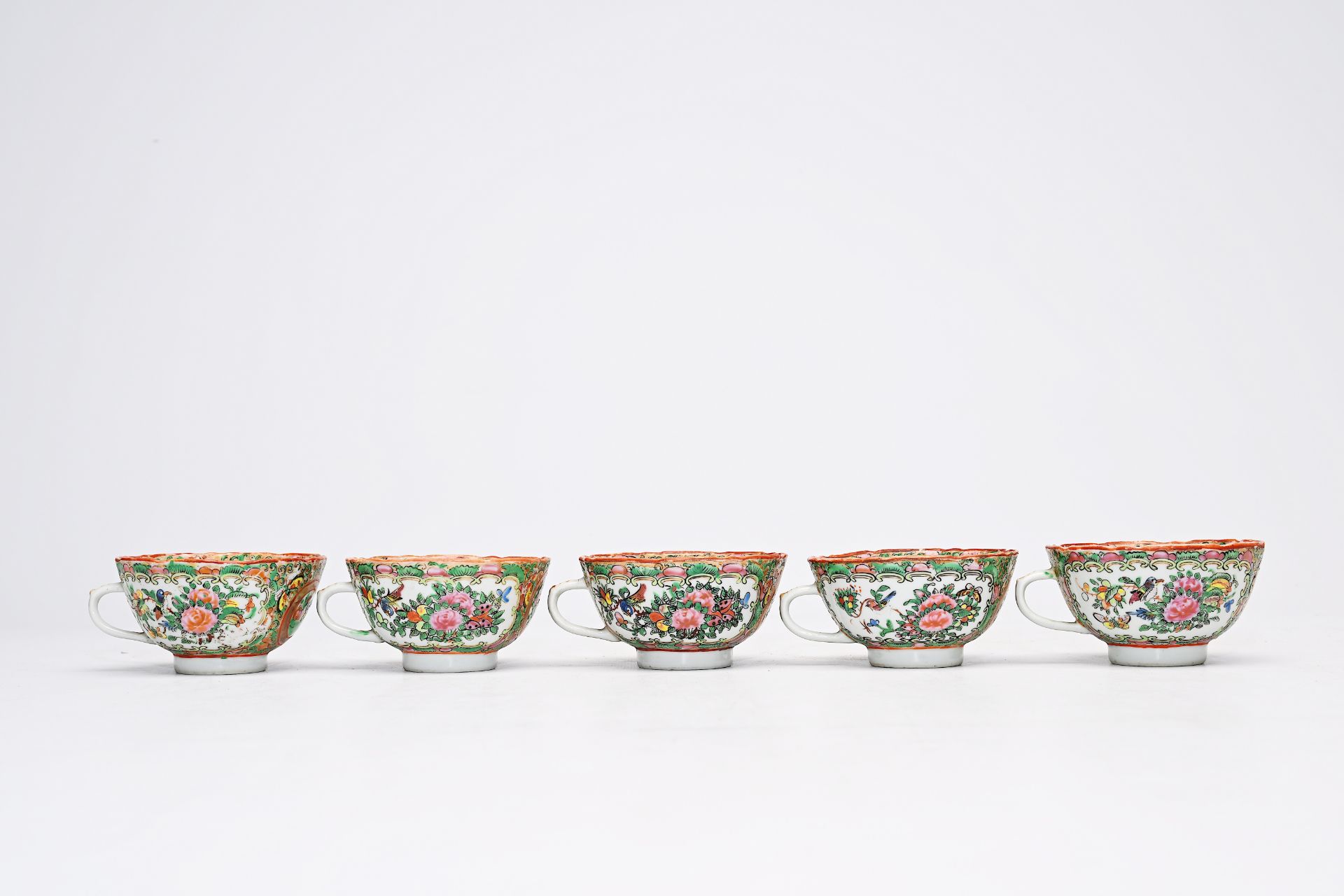 A Chinese Canton famille rose seventeen-part tea set and a bowl with palace scenes and floral design - Image 8 of 20