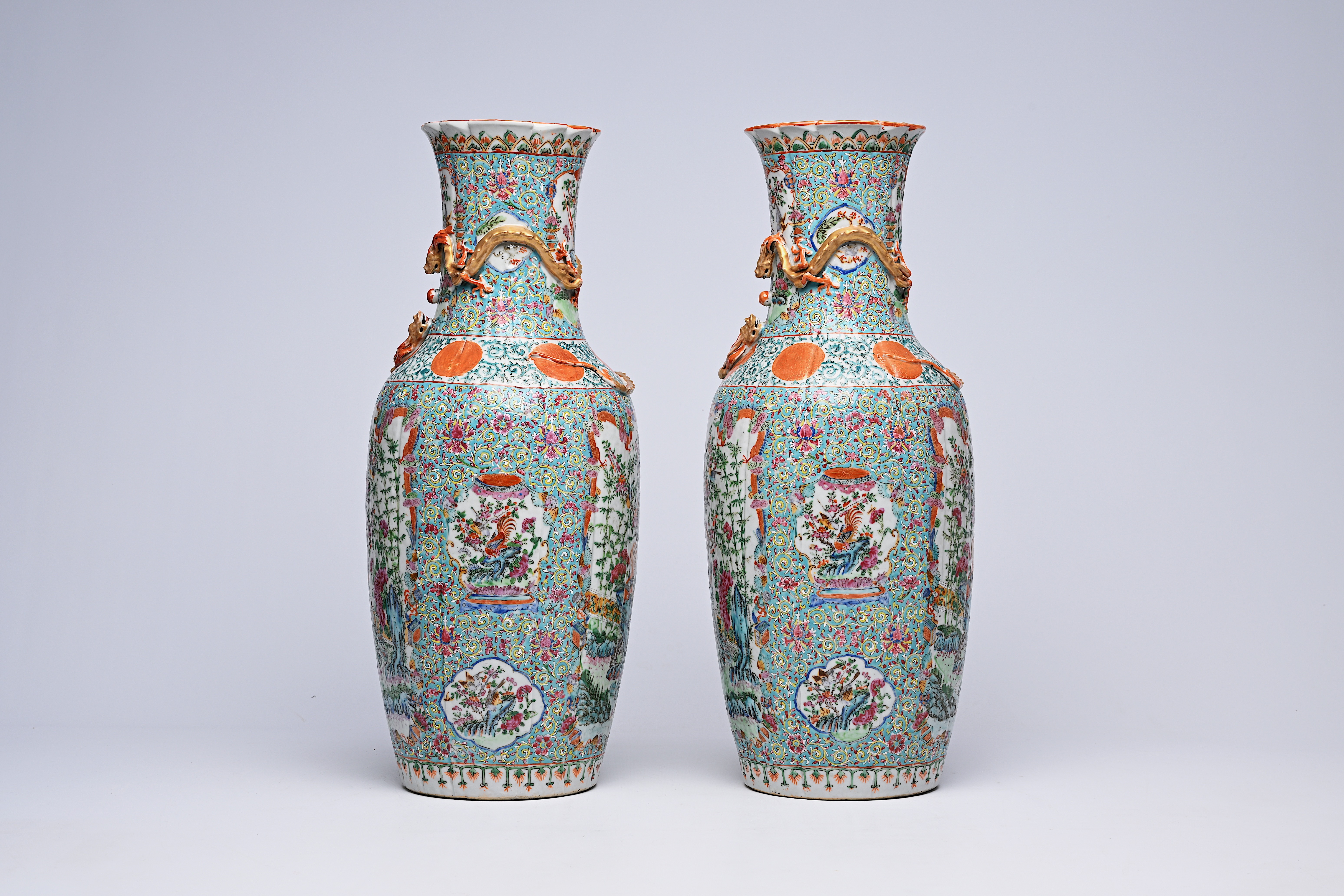 A pair of Chinese Canton famille rose turquoise ground vases with birds among blossoming branches, 1 - Image 3 of 8