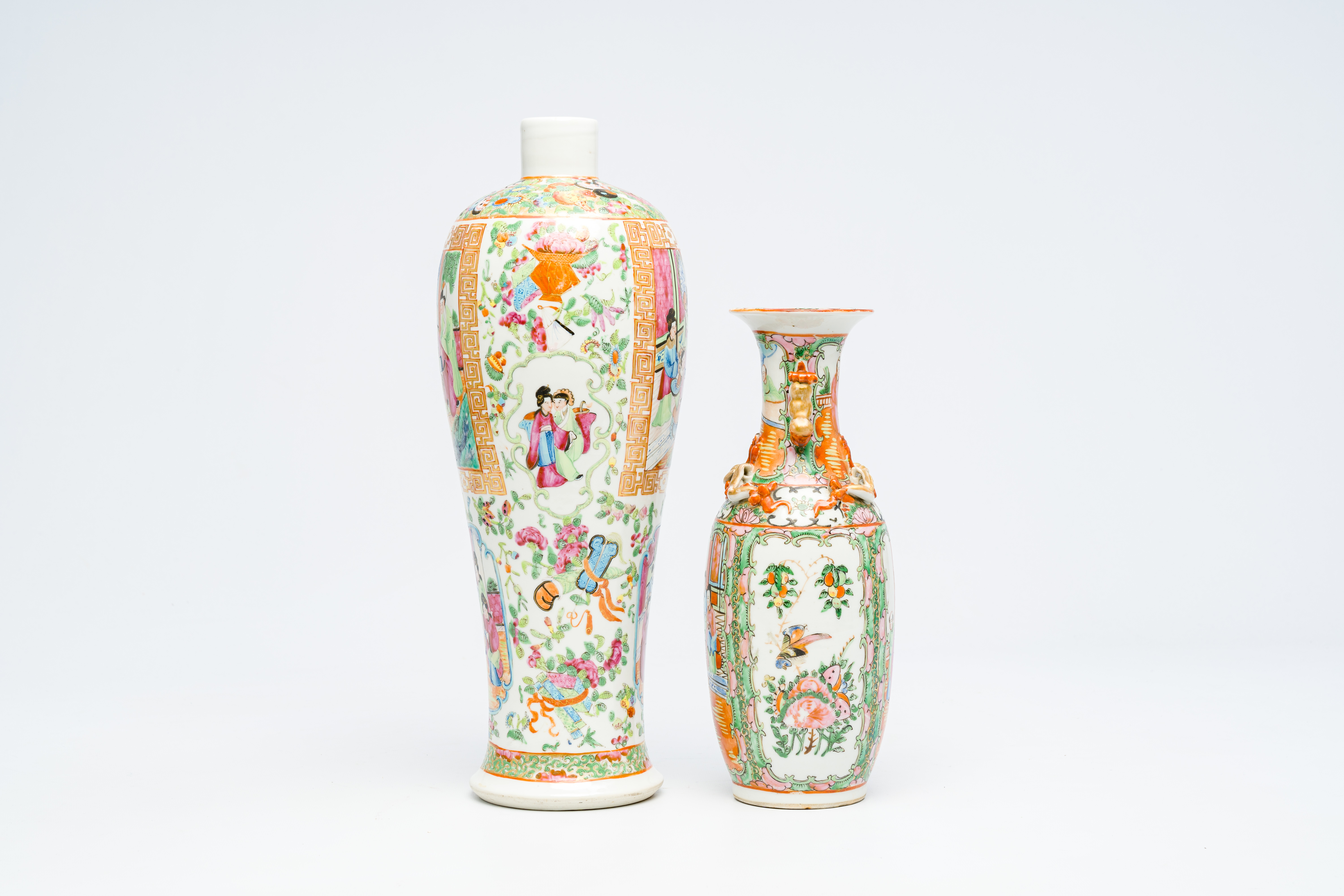 Two Chinese Canton famille rose vases with palace scenes and floral design, 19th/20th C. - Image 2 of 6