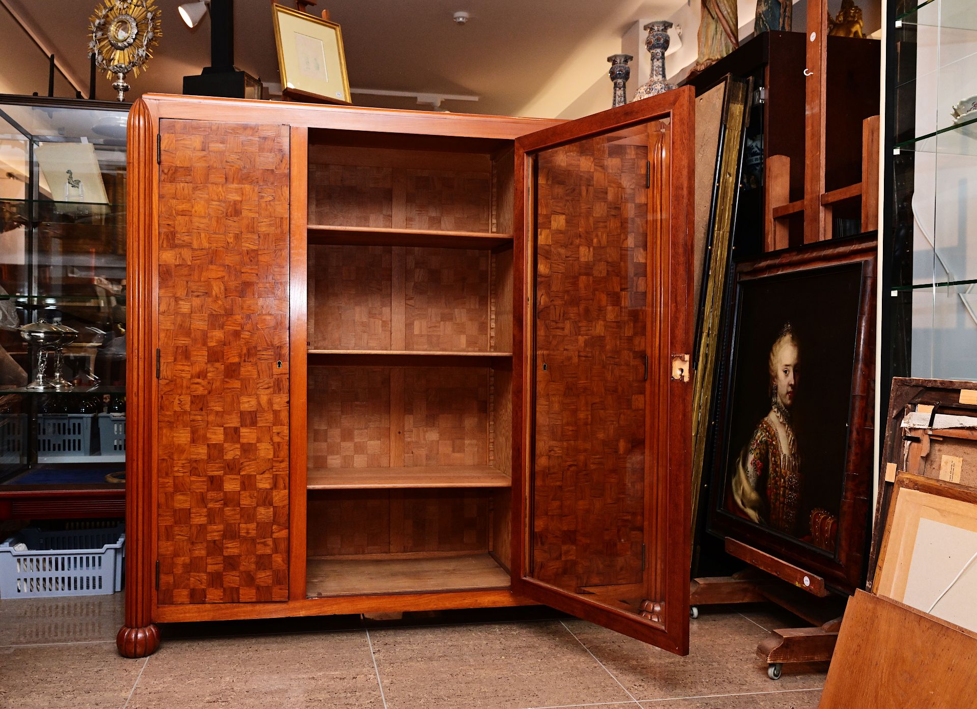 An Art Deco desk with parquetry top and fluted legs with a matching three-door cabinet, first half 2 - Image 2 of 2