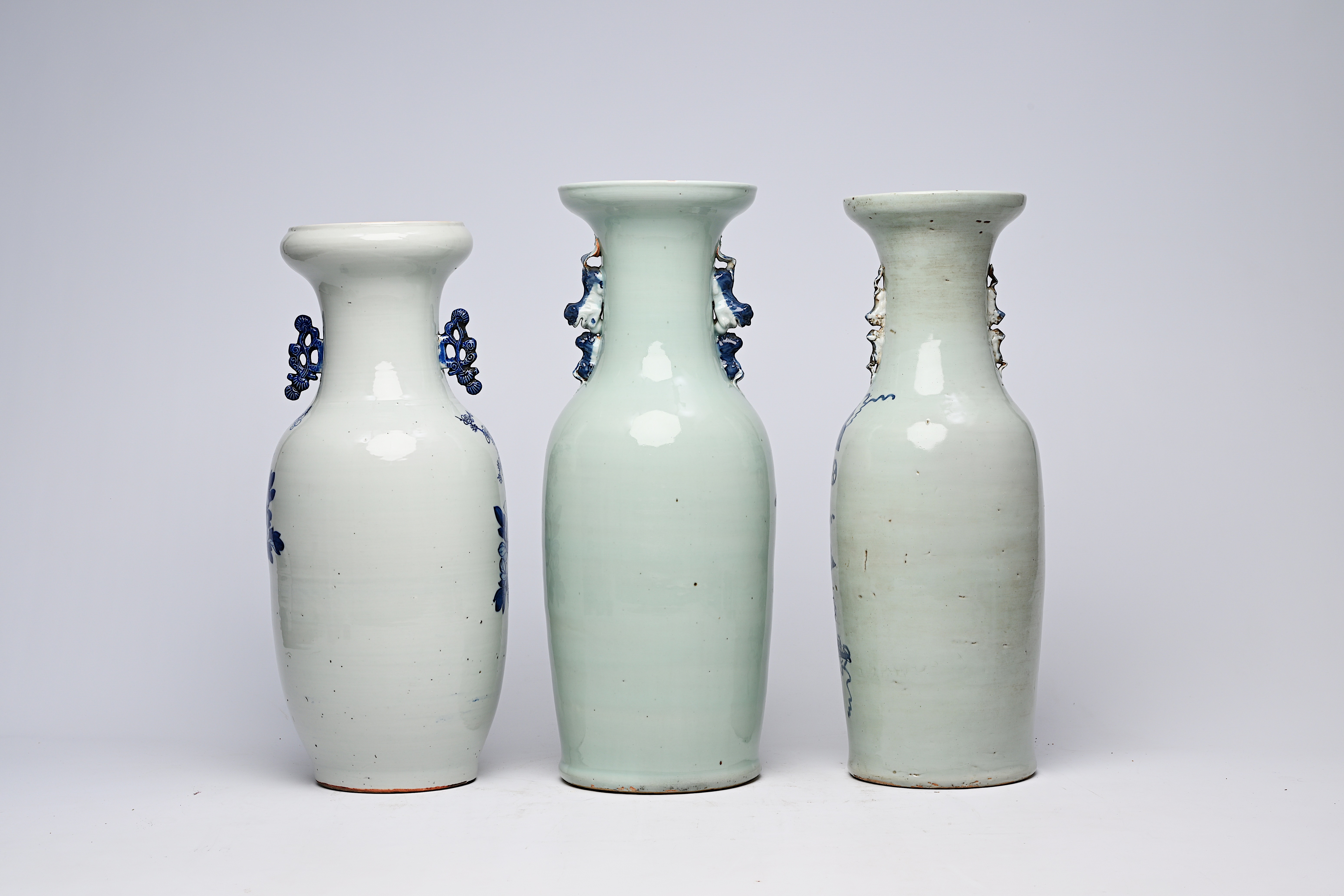 Three various Chinese blue and white celadon ground vases, 19th/20th C. - Image 5 of 16