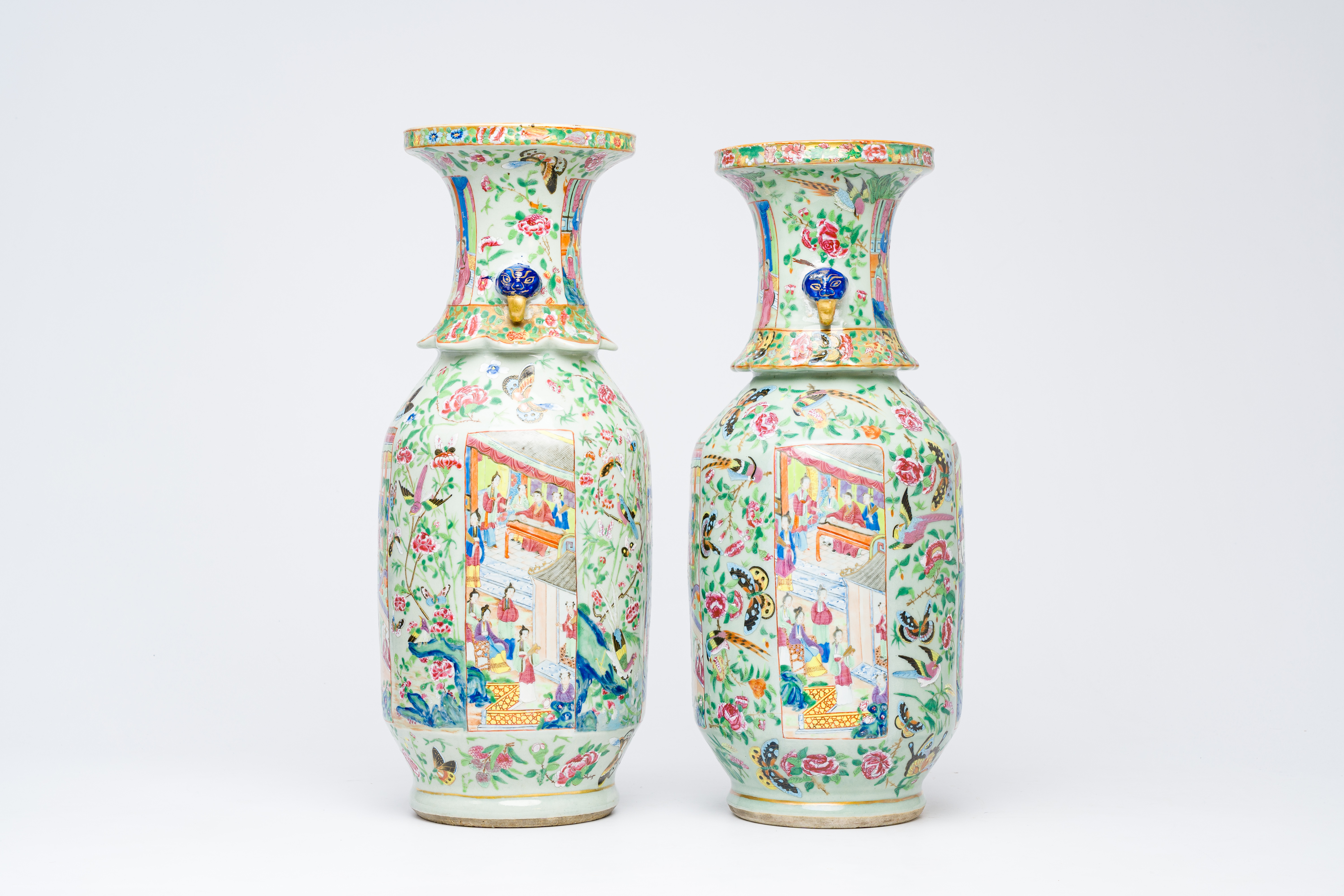 Two Chinese Canton famille rose celadon ground vases with palace scenes and birds and butterflies am - Image 4 of 6