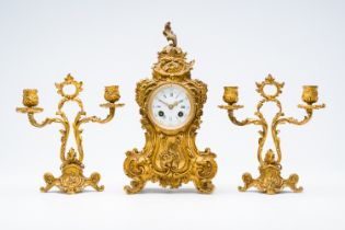 A French Louis XV style gilt bronze three-piece clock garniture, 19th C.