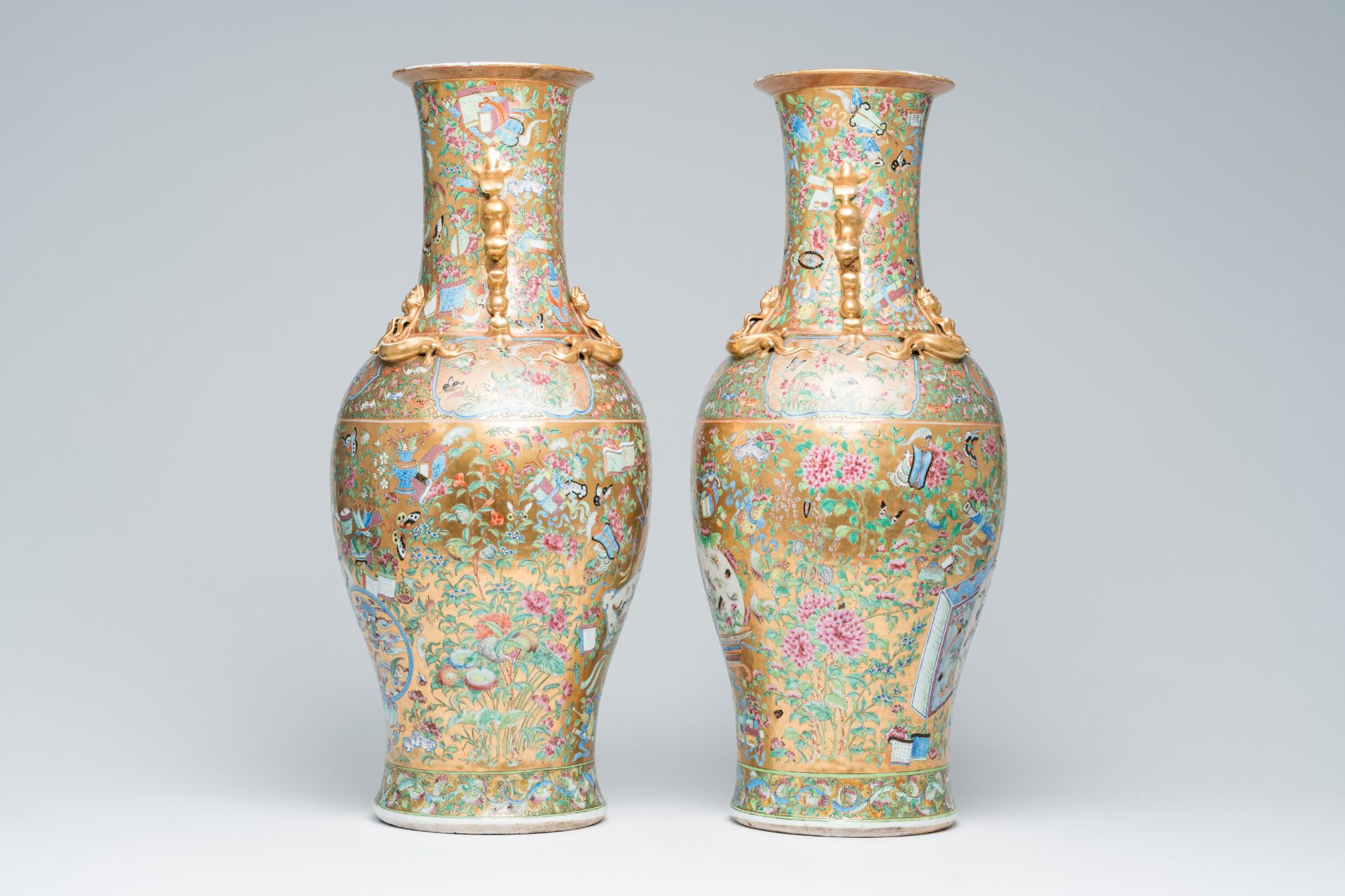 A pair of Chinese Canton famille rose gold ground vases with birds and butterflies among blossoming - Image 4 of 60