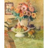 Louise Coupe (1877-1915): Still life with flowers, fruit and books, oil on canvas