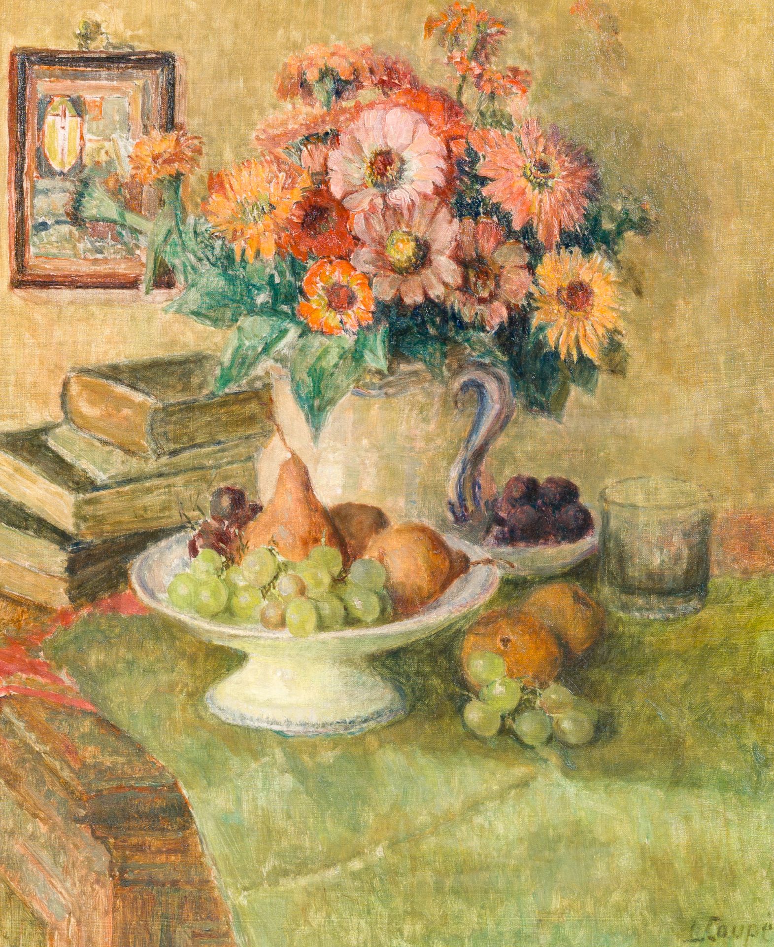 Louise Coupe (1877-1915): Still life with flowers, fruit and books, oil on canvas