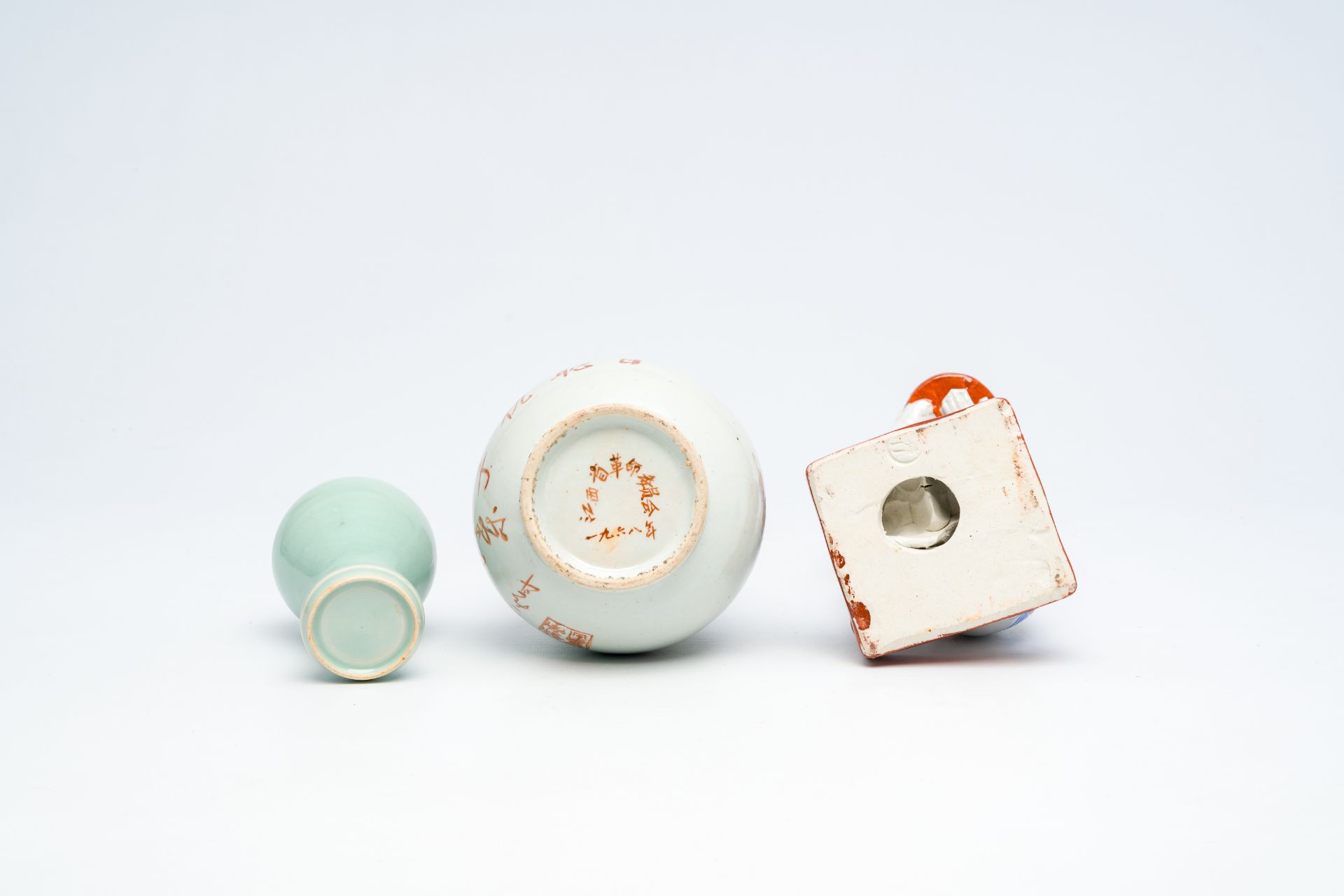 A Chinese monochrome celadon-glazed 'meiping' vase, a double gourd-shaped 'Mao' vase and a figure of - Image 13 of 16