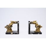 Irenee Rochard (1906-1984): A pair of bookends in the shape of satyrs, gilt bronze on a marble base