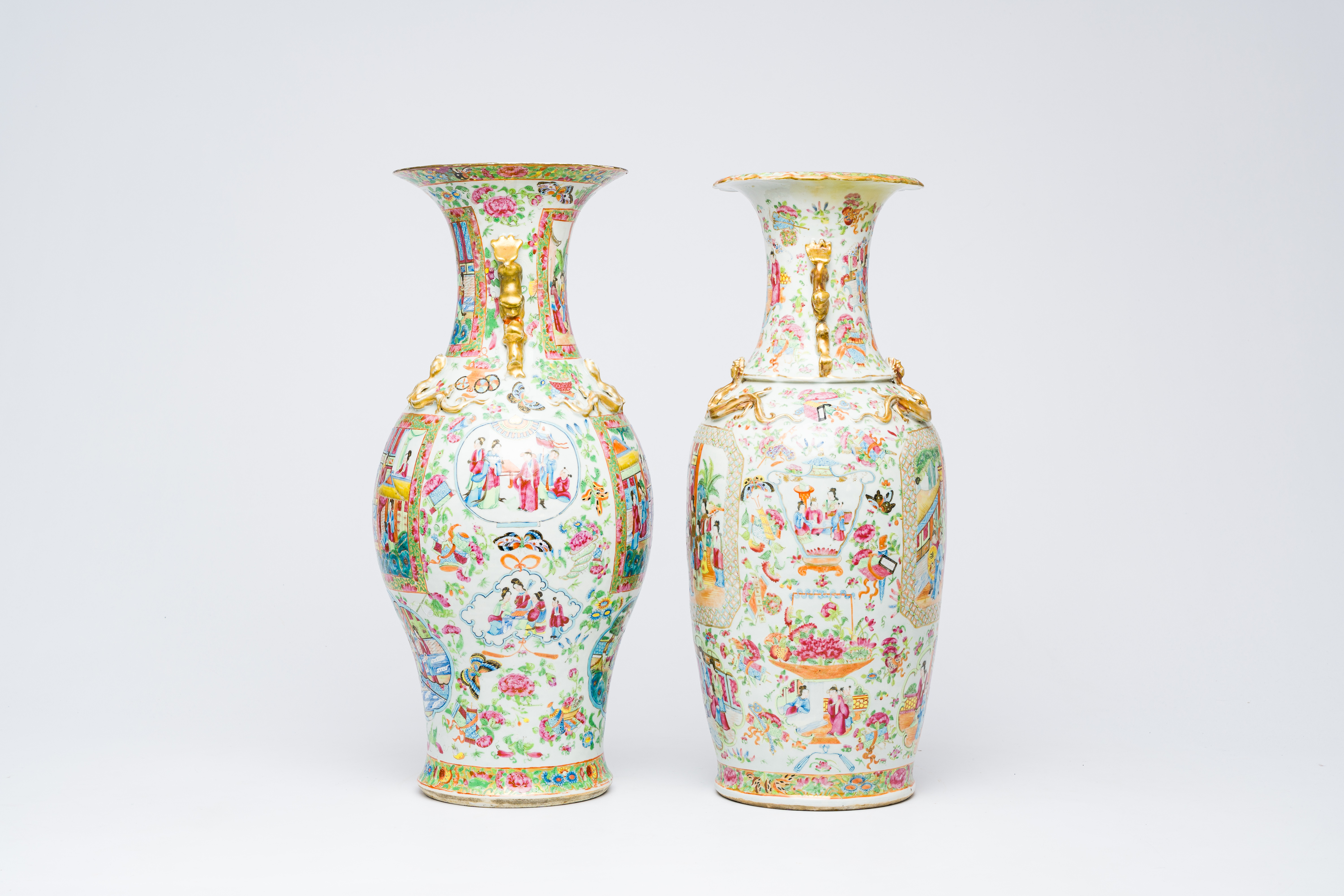 Two Chinese Canton famille rose vases with palace scenes and floral design, 19th C. - Image 3 of 9
