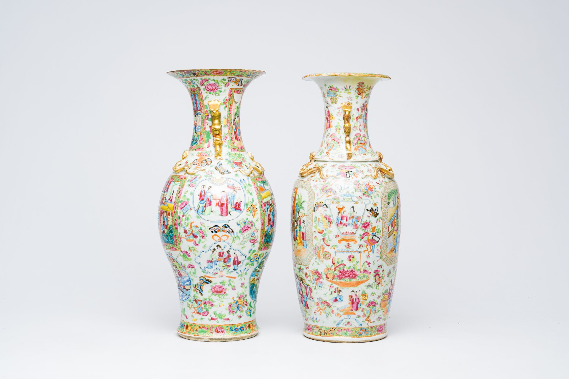 Two Chinese Canton famille rose vases with palace scenes and floral design, 19th C. - Image 3 of 9