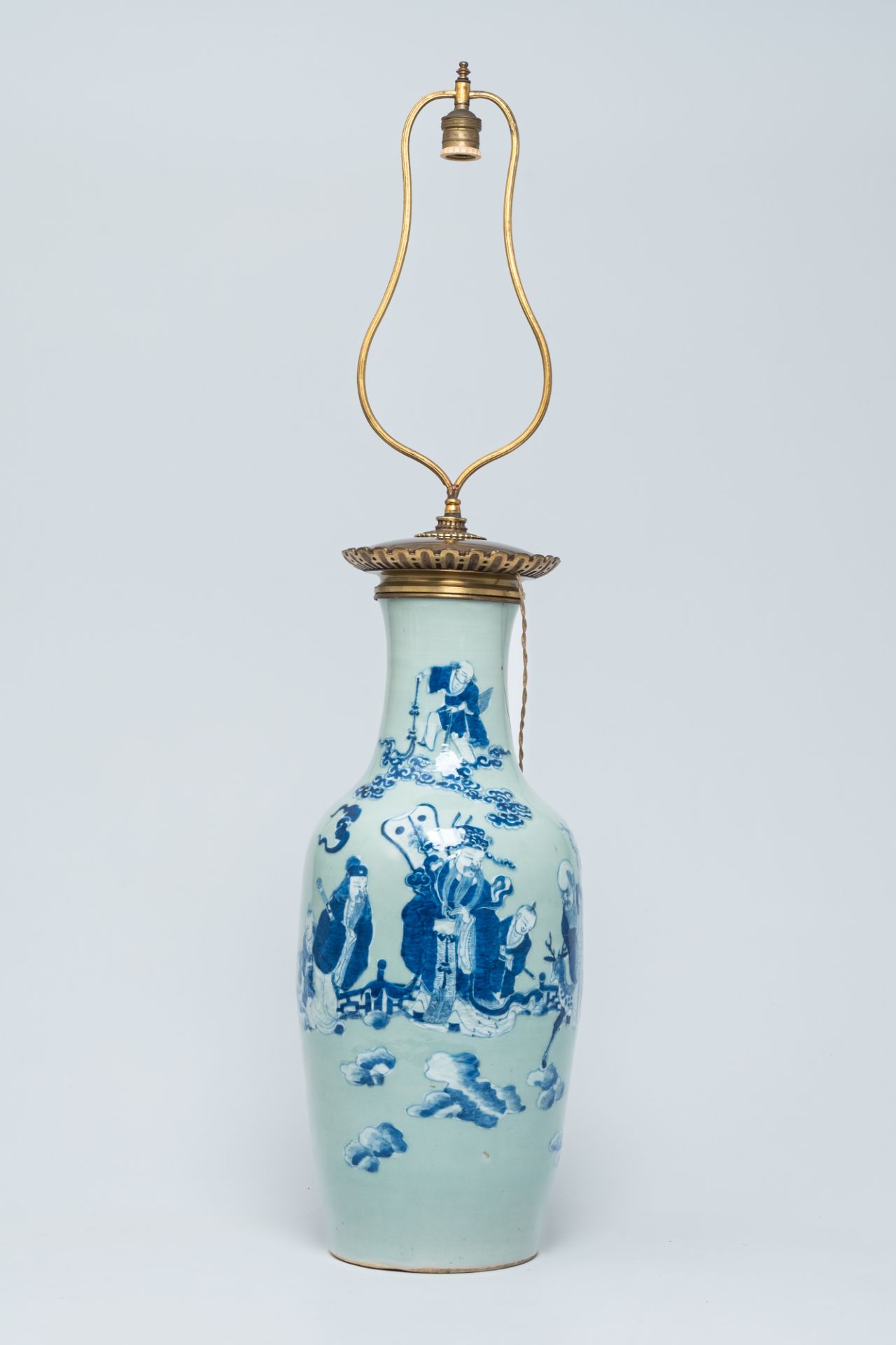 A Chinese blue and white celadon ground vase with the 'Star God' figures and their servants mounted - Image 6 of 8