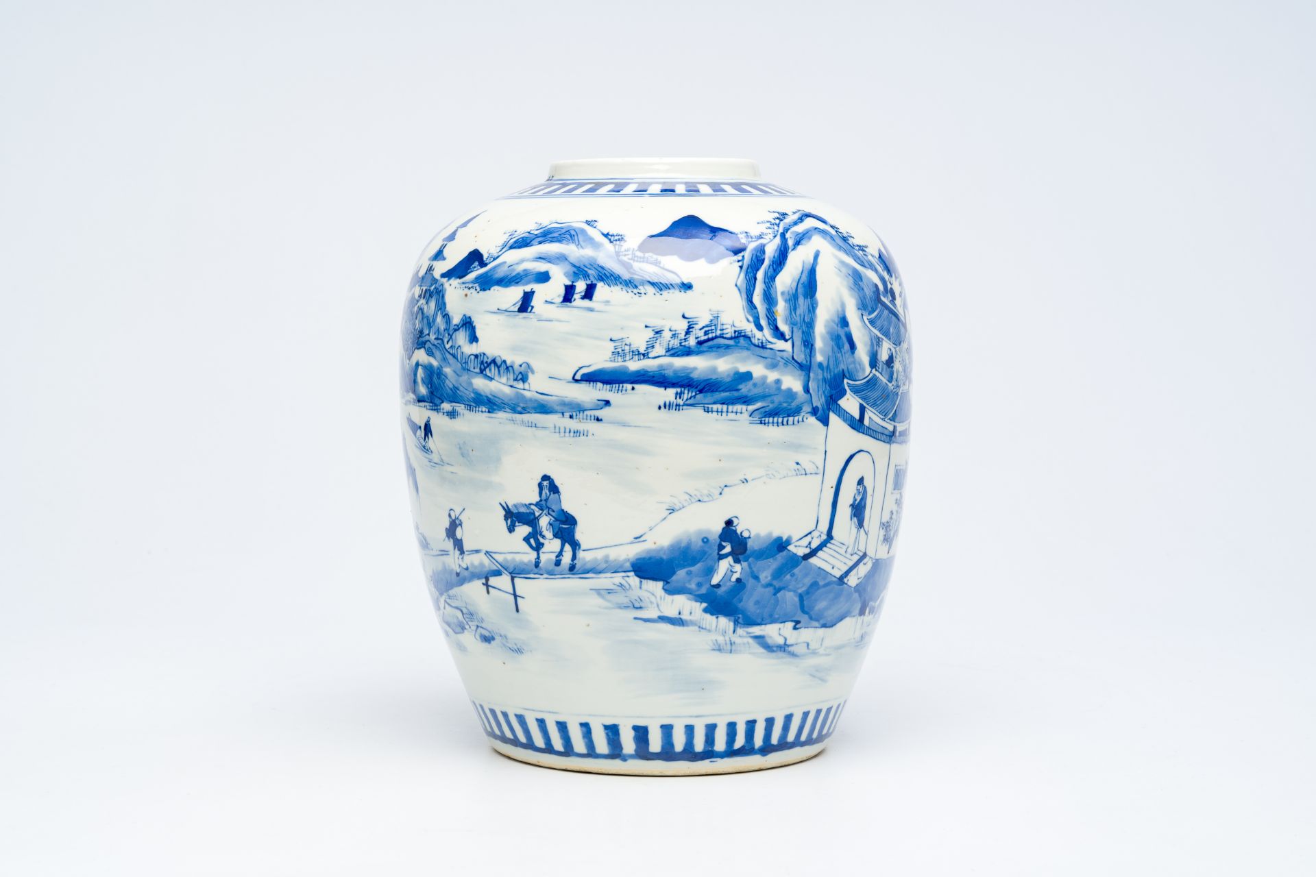 A large Chinese blue and white jar with a fine mountainous landscape, Kangxi mark, 19th C. - Image 4 of 12
