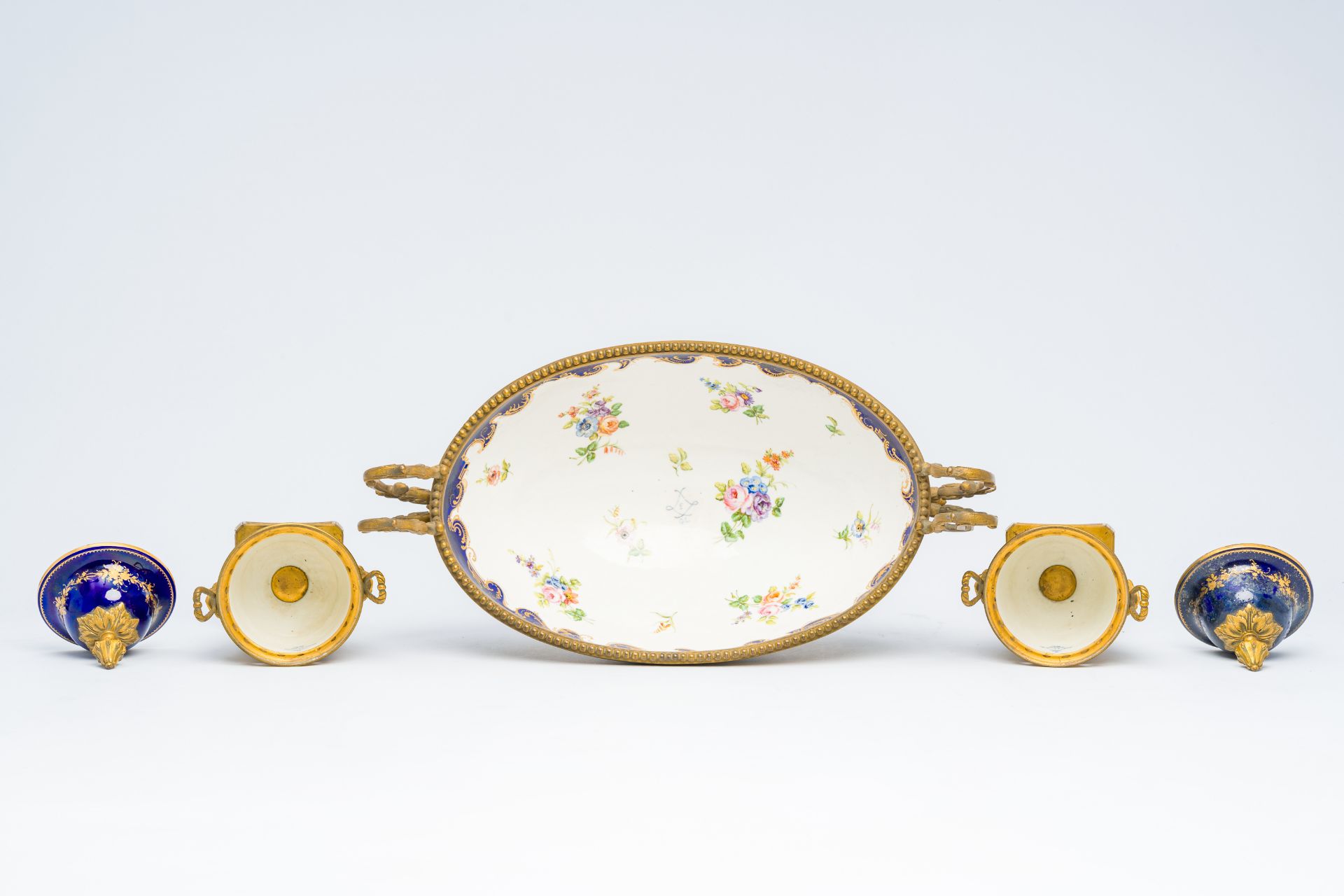 A three piece Sevres-style porcelain garniture with gilt bronze mounts, France, 19th C. - Image 5 of 7