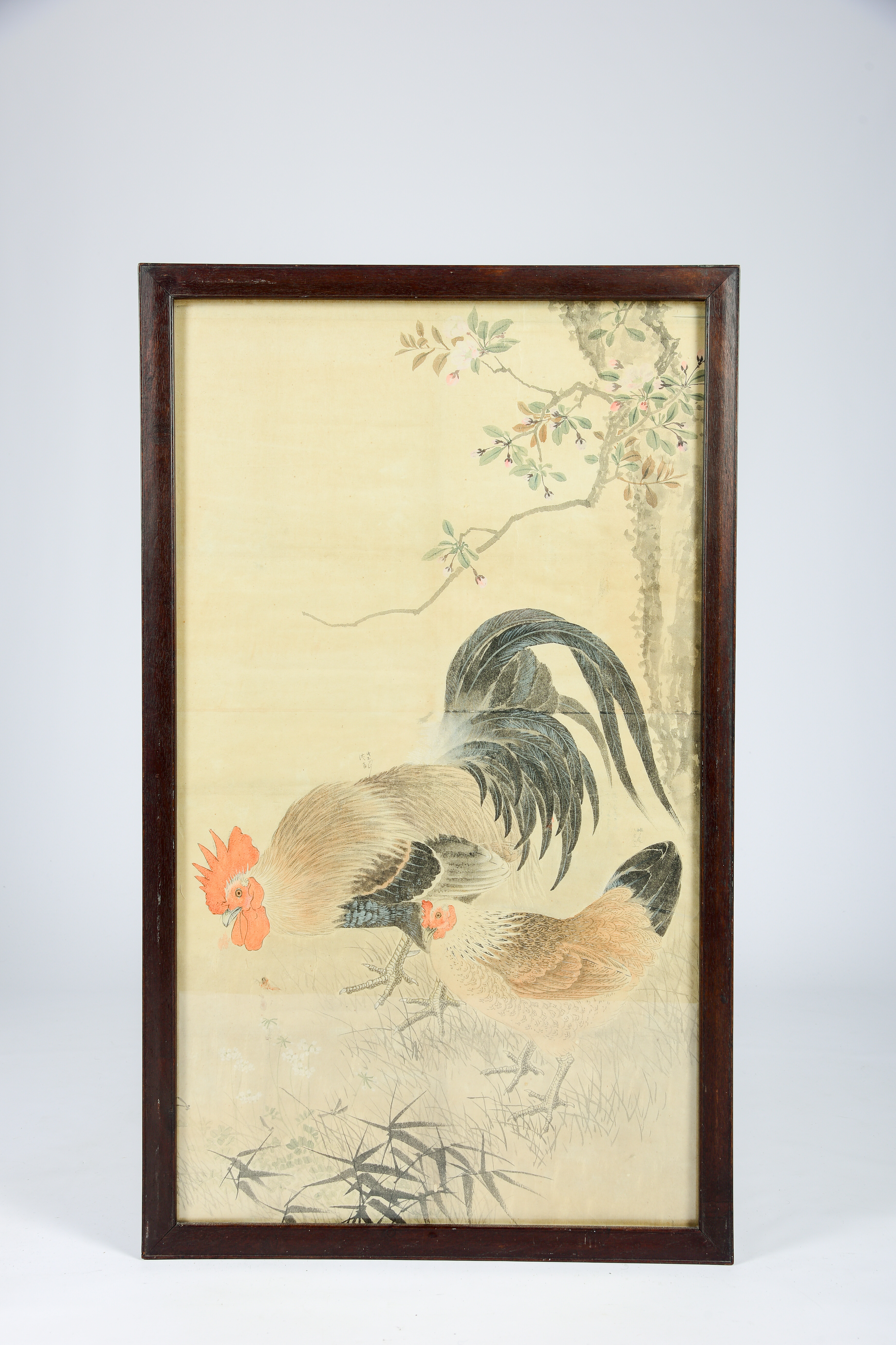 Chinese school: A rooster and a chicken, print and watercolour, 20th C. - Image 2 of 5
