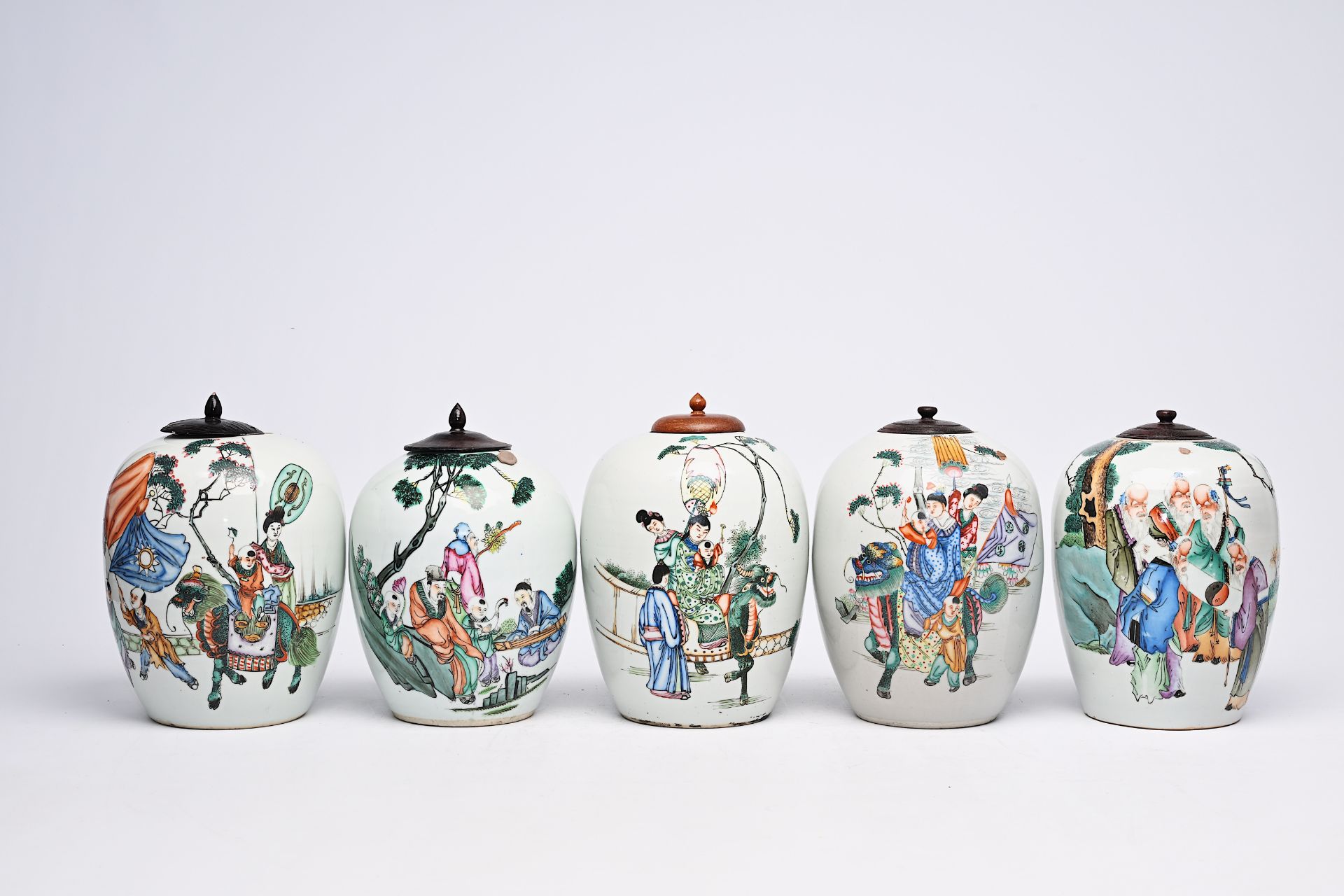 Five Chinese famille rose and qianjiang cai ginger jars with Immortals, ladies and children, 19th/20