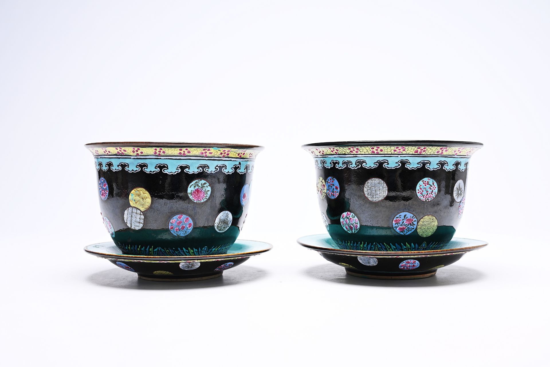 A pair of Chinese famille rose black ground jardinieres on stand with floral design, Kangxi mark, 19 - Image 3 of 14