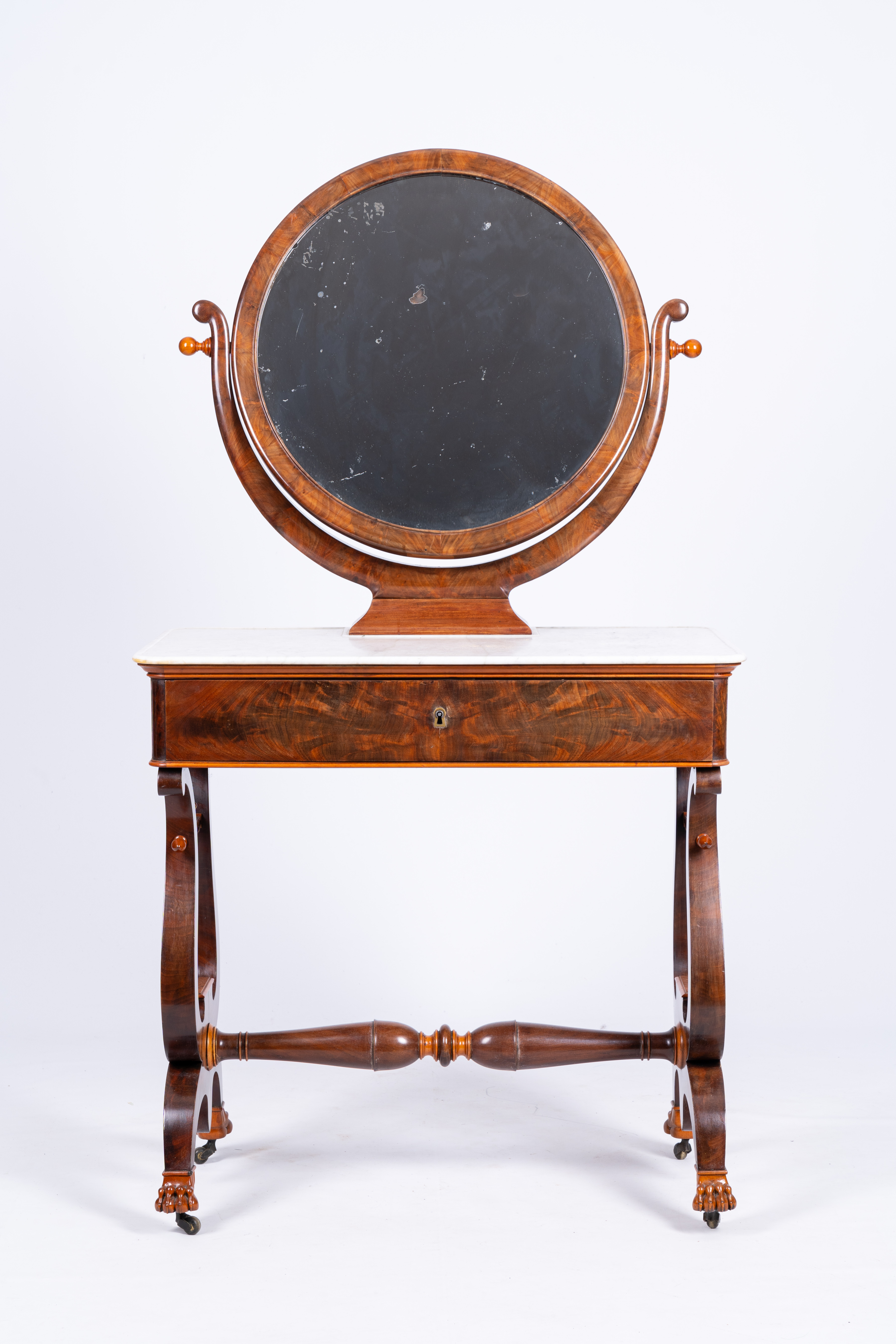 A mahogany toiletry table with lyre harp shaped base and marble top, 19th C. - Image 3 of 6