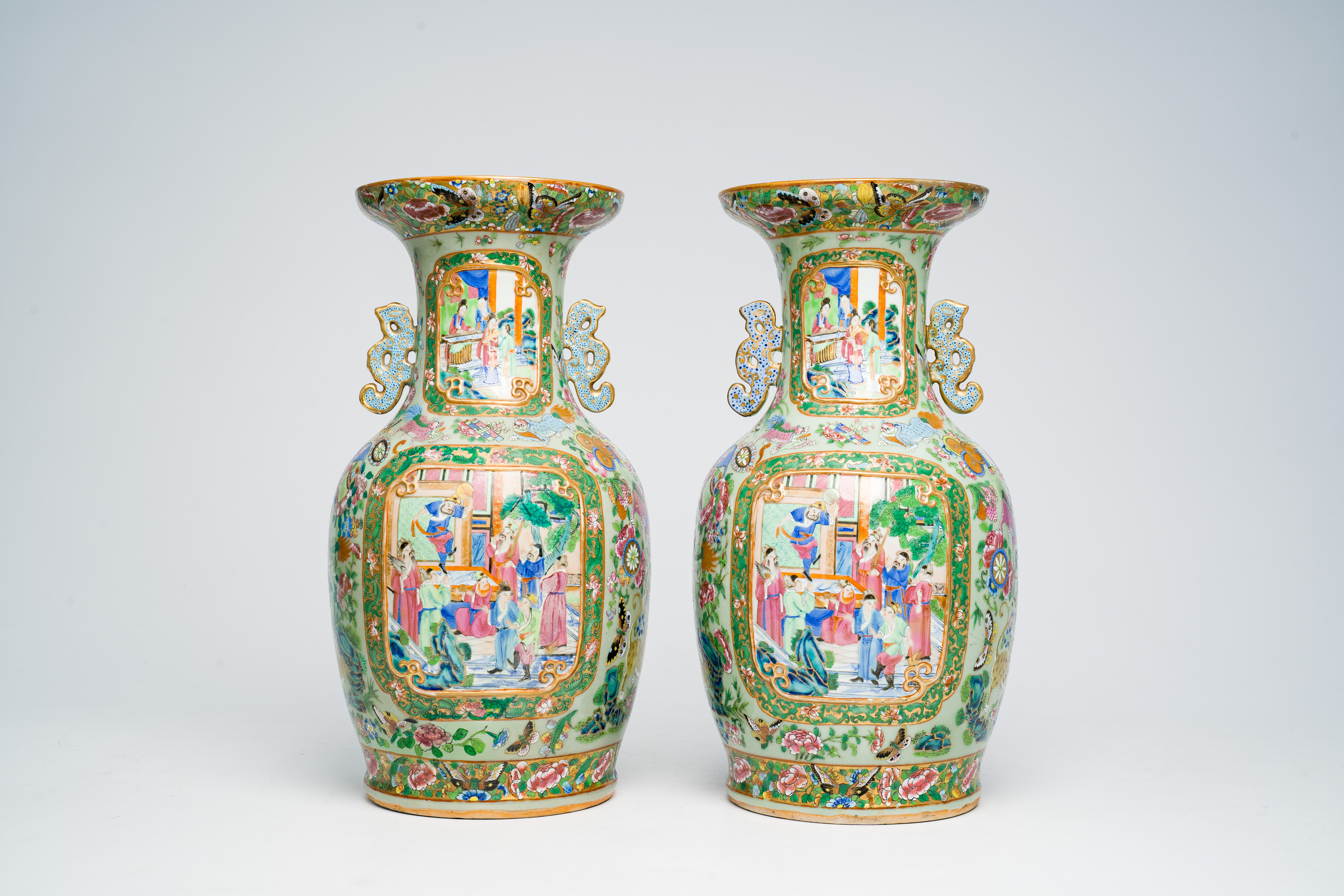 A pair of Chinese Canton famille rose celadon ground vases with palace scenes, animals and antiquiti - Image 6 of 64