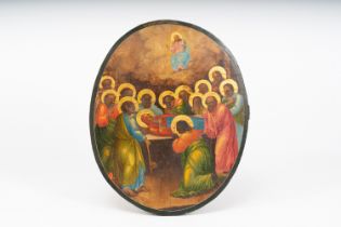 A large oval Russian orthodox icon, 'The entombment of Mary', probably Vladimir region, 19th C.