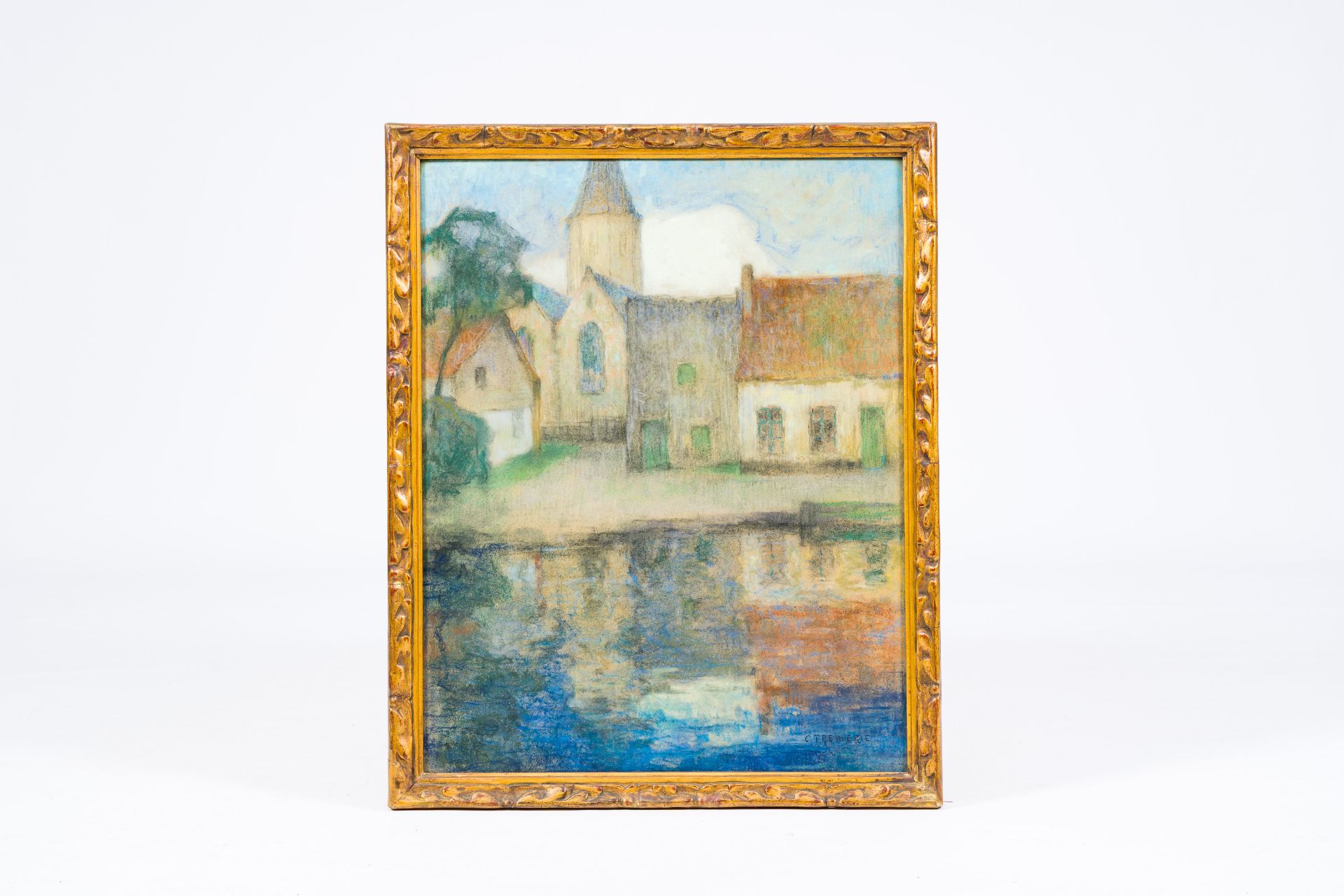 Carolus Tremerie (1858-1945): Village on the banks of the water, pastel on paper - Image 2 of 4
