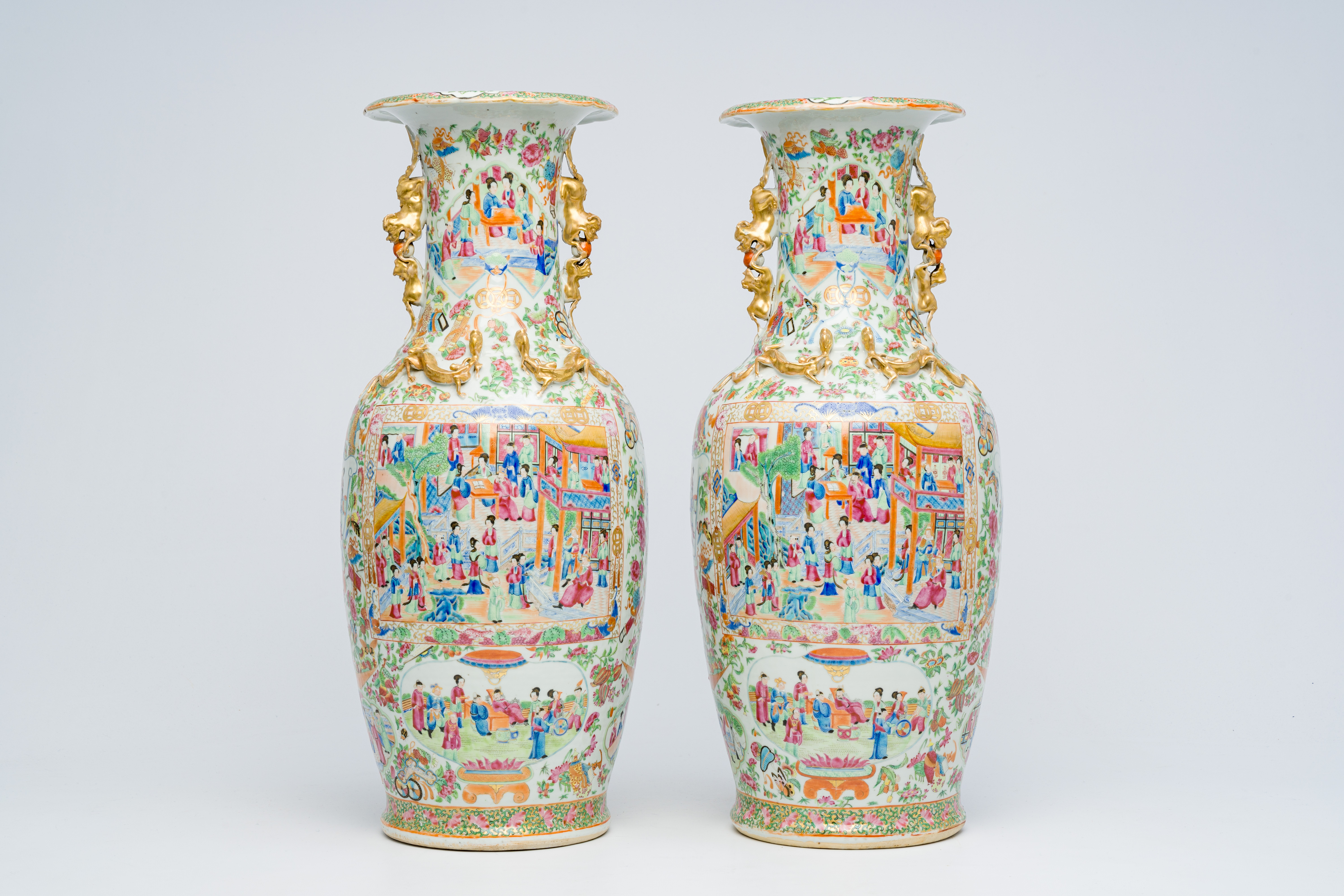 A pair of Chinese Canton famille rose vases with animated scenes, auspicious symbols and butterflies - Image 3 of 6