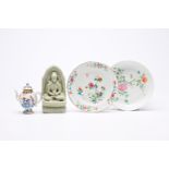 A Chinese Imari style teapot, two famille rose plates with floral design and a celadon 'Buddha' figu