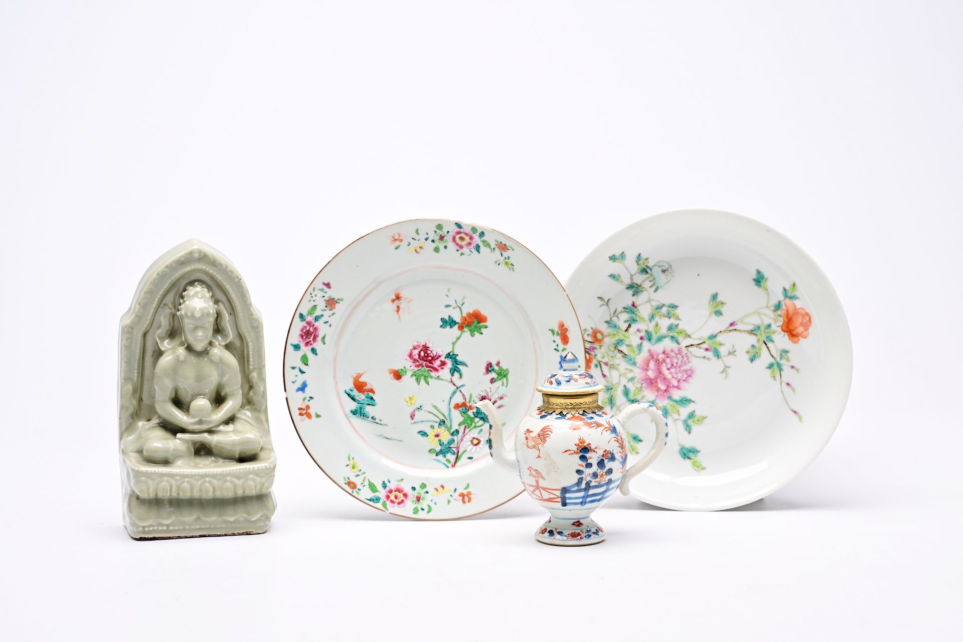 A Chinese Imari style teapot, two famille rose plates with floral design and a celadon 'Buddha' figu - Image 2 of 6