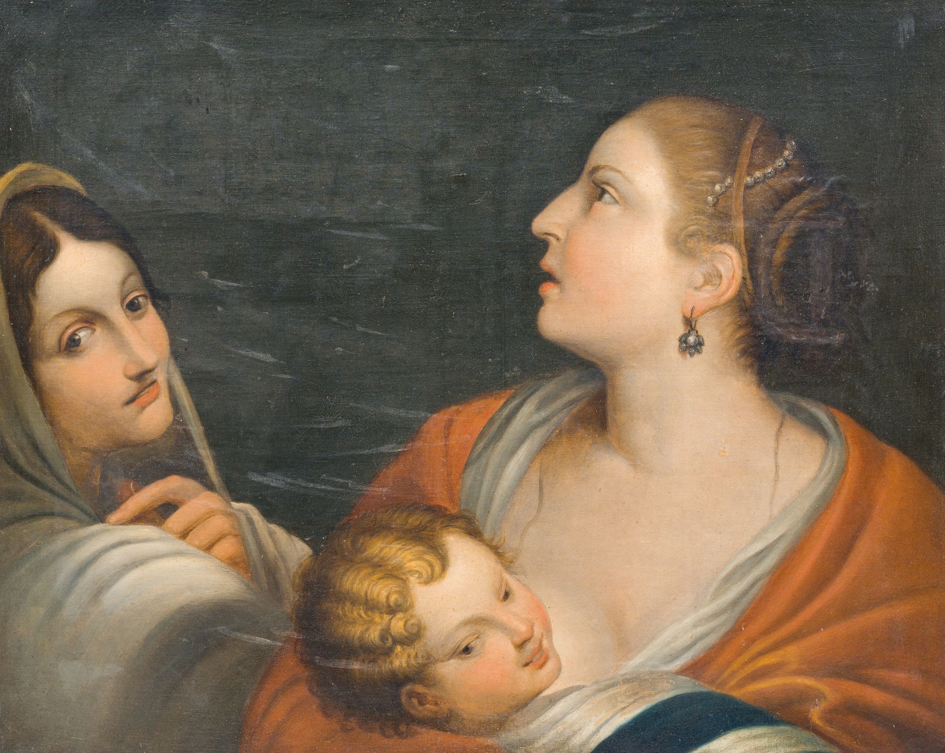 European school: Two ladies and a child, oil on canvas, 19th C.