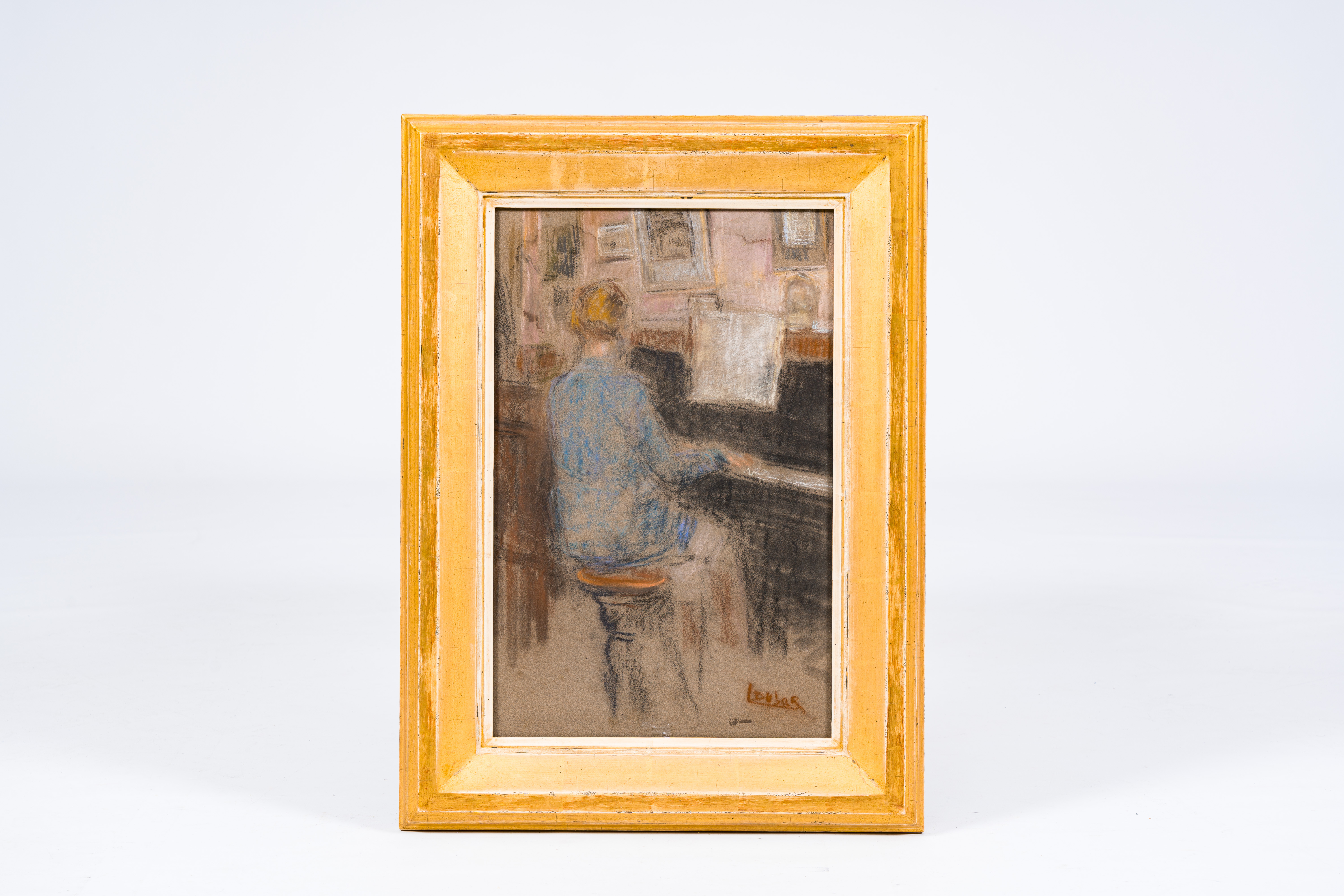 Louis Dubar (1876-1951): A pianist & A church entrance, pastel on paper (two-sided) - Image 2 of 6