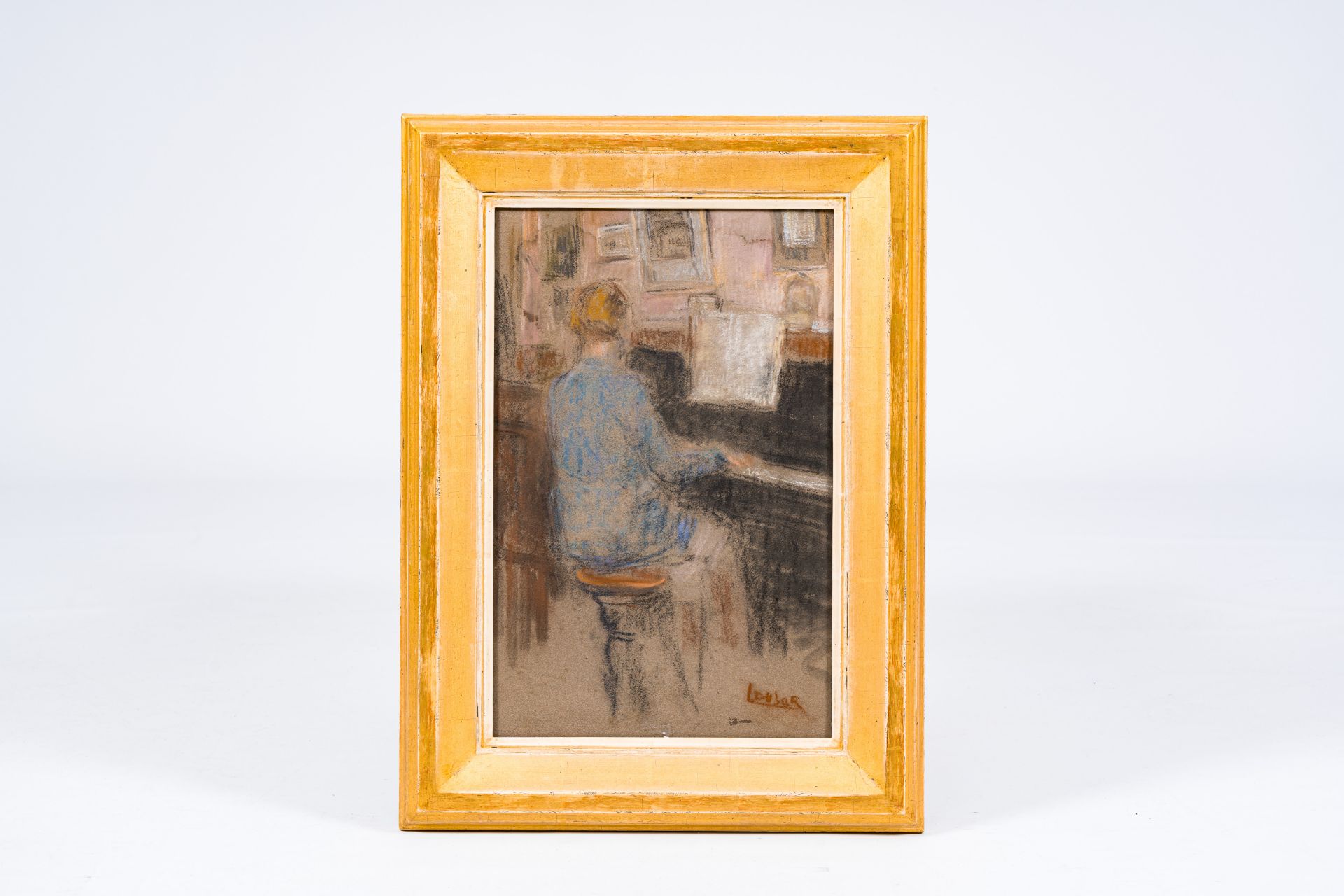 Louis Dubar (1876-1951): A pianist & A church entrance, pastel on paper (two-sided) - Bild 2 aus 6