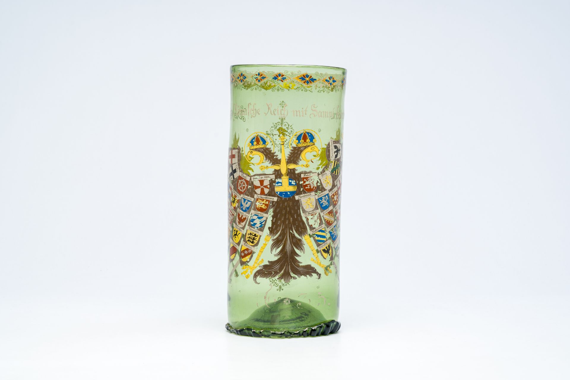 A German 'historismus' polychrome painted and gilt glass 'Reichsadler' humpen, probably Fritz Hecker - Image 2 of 7