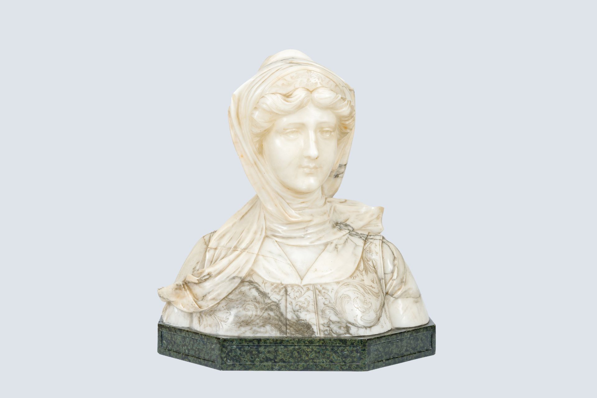 A. Cyprien (Adolfo Cipriani, 1857-1941): Bust of a lady, alabaster on a marble base