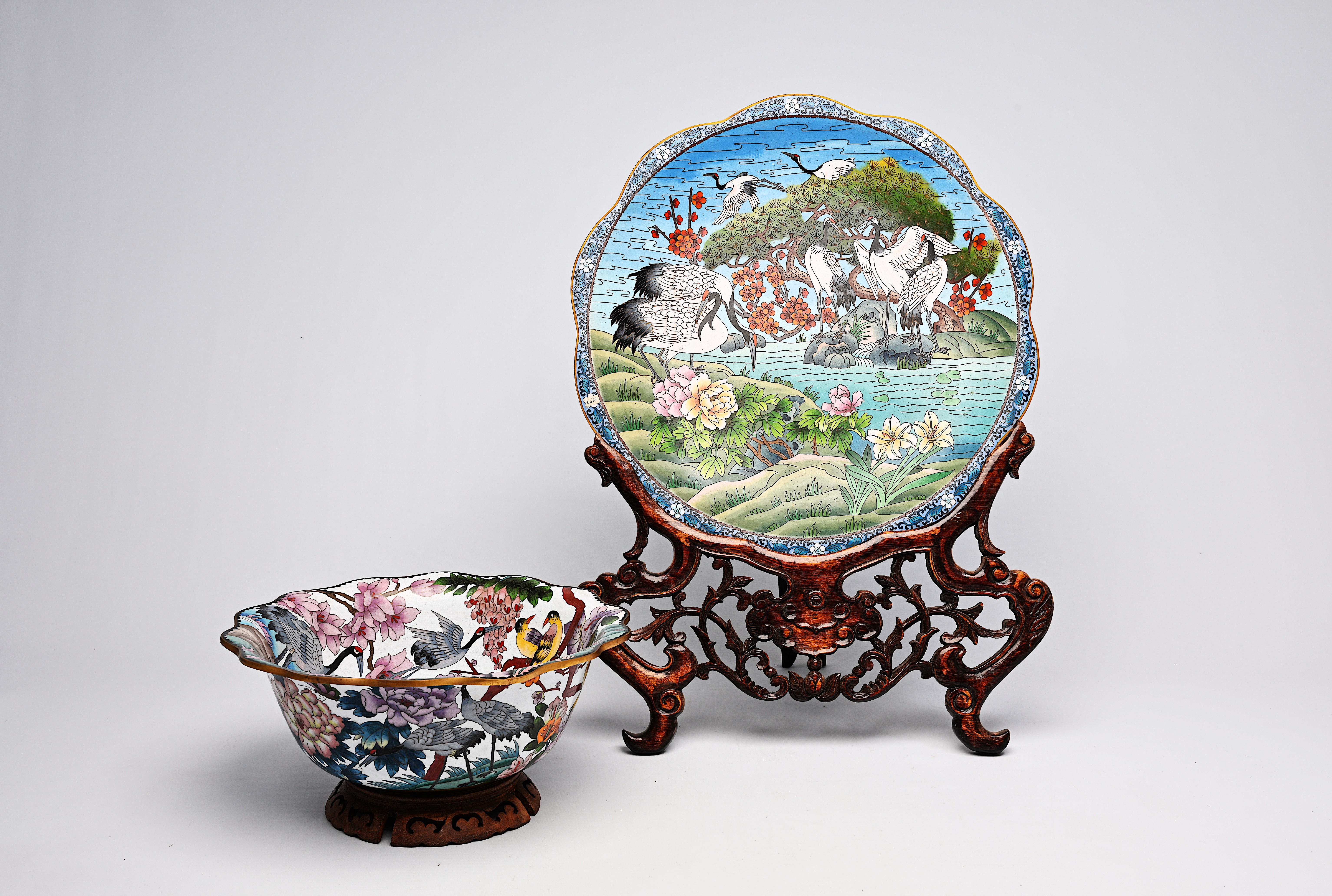 A large Chinese cloisonne dish and a bowl with cranes, 20th C.